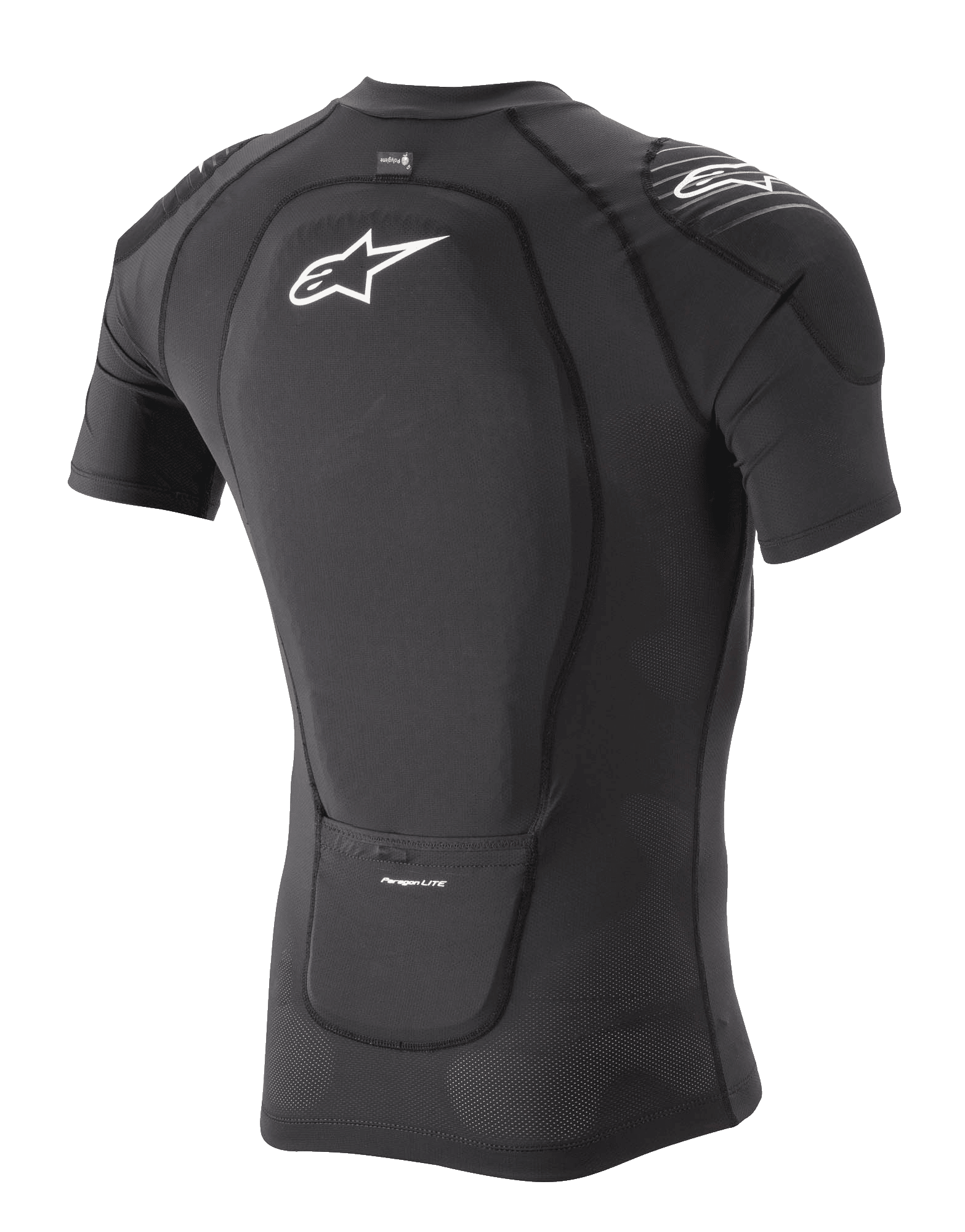 Chaqueta protectora Alpinestars Paragon Lite de manga corta, negra, vista trasera en tres cuartos que muestra el protector de espalda integrado y la construcción de malla elástica transpirable, con el logotipo blanco de Alpinestars en la espalda y el hombro, equipo de protección ligero para bicicleta de montaña