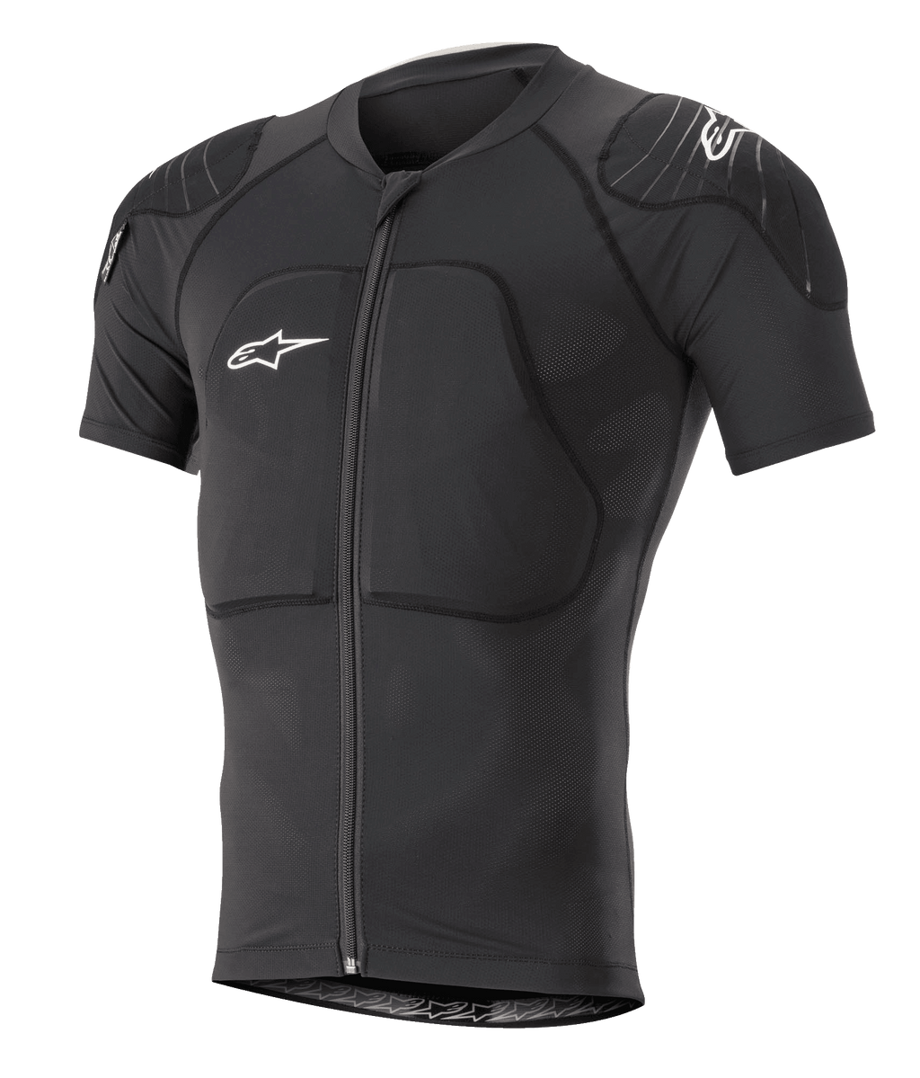 Alpinestars Paragon Lite Protection Jacket de manga corta, negra, armadura para MTB con acolchado integrado en hombros y pecho, cremallera frontal, tejido de malla transpirable, logotipos blancos de Alpinestars y diseño ajustado para trail
