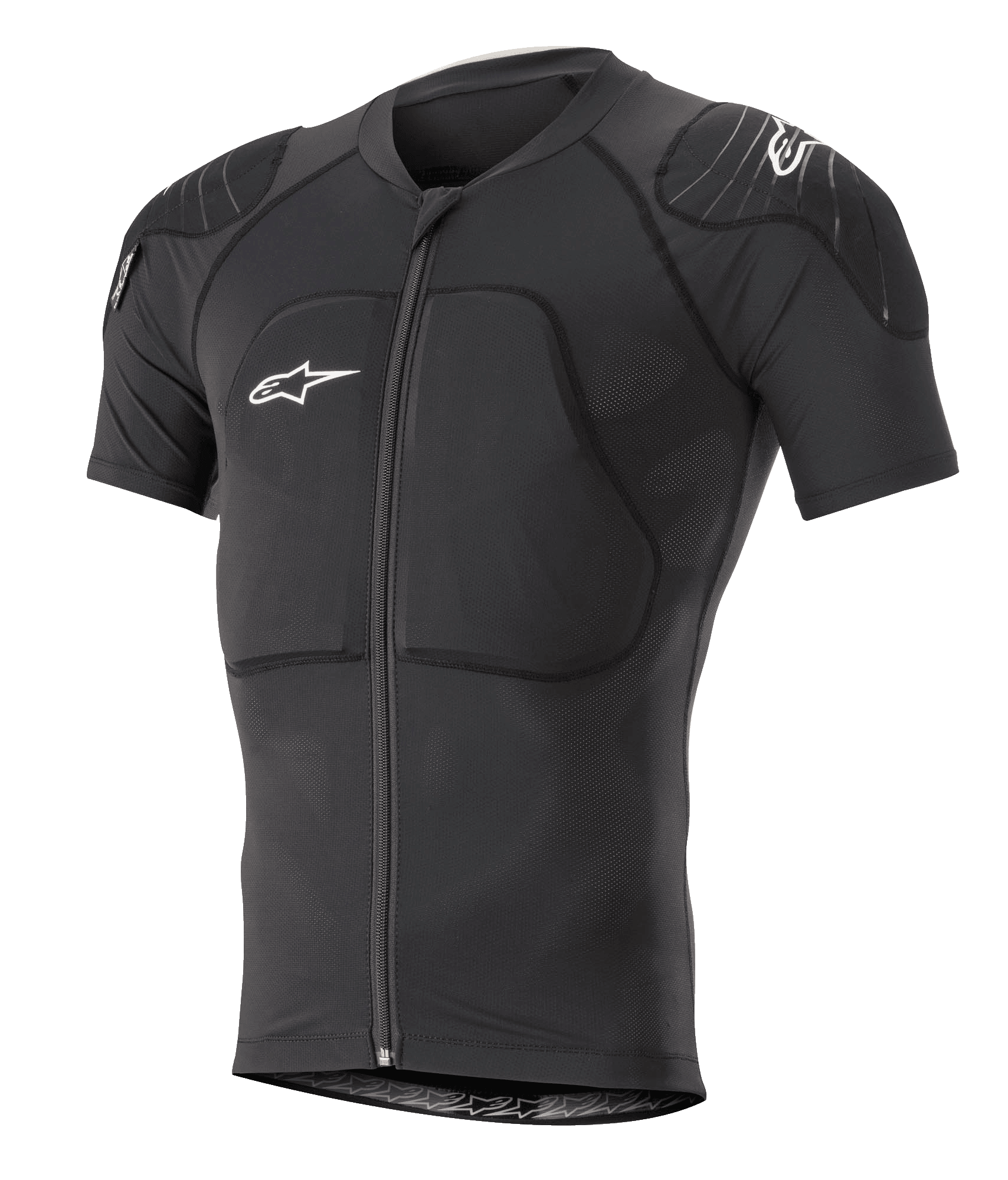 Alpinestars Paragon Lite Protection Jacket de manga corta, negra, armadura para MTB con acolchado integrado en hombros y pecho, cremallera frontal, tejido de malla transpirable, logotipos blancos de Alpinestars y diseño ajustado para trail