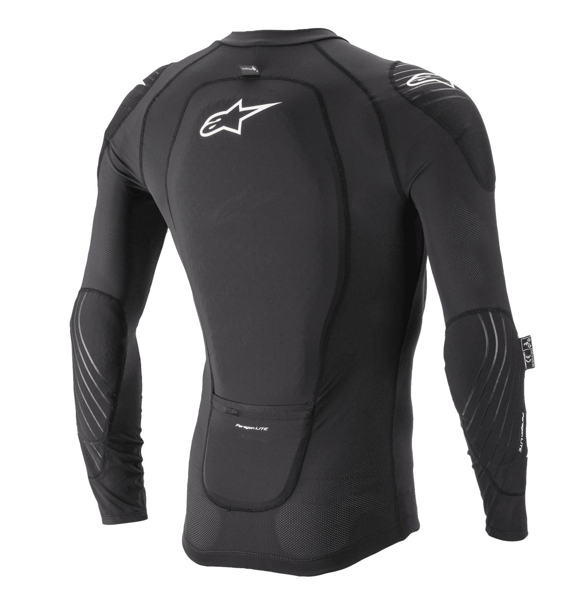 Alpinestars Paragon Lite Protection Jacket - Manga larga, negra, vista trasera con protector de espalda integrado y logotipo Astar blanco, construcción de malla transpirable con protección en codos y hombros, armadura ligera para MTB