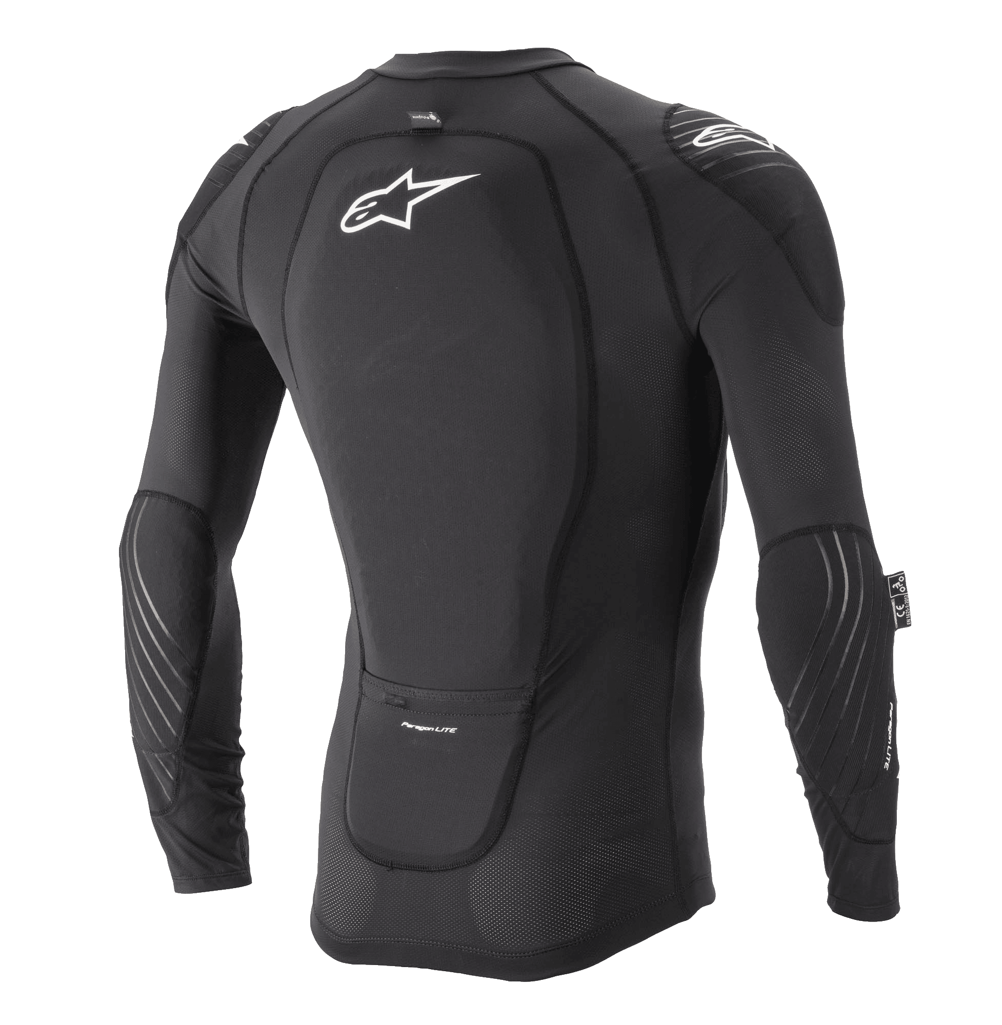 Alpinestars Paragon Lite Protection Jacket - Manga larga, negra, vista trasera con protector de espalda integrado y logotipo Astar blanco, construcción de malla transpirable con protección en codos y hombros, armadura ligera para MTB