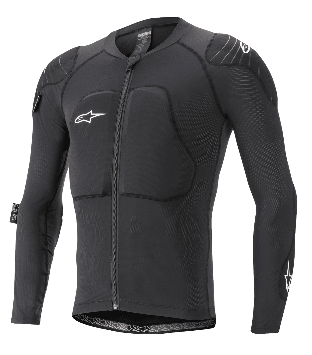 Alpinestars Paragon Lite Protection Jacket - Manga Larga, protección corporal para MTB, negra, construcción de malla transpirable con pecho y hombros acolchados, cremallera frontal, logo de estrella blanca en el pecho, diseño ligero y ajustado