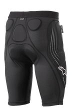 Shorts de protección Alpinestars Paragon Lite, negro, vista trasera con acolchado de espuma viscoelástica integrado para la protección de la cadera y el cóccix, diseño de malla transpirable, logotipo blanco de Alpinestars y marca Paragon Lite en la pierna, equipo de protección ligero para ciclismo