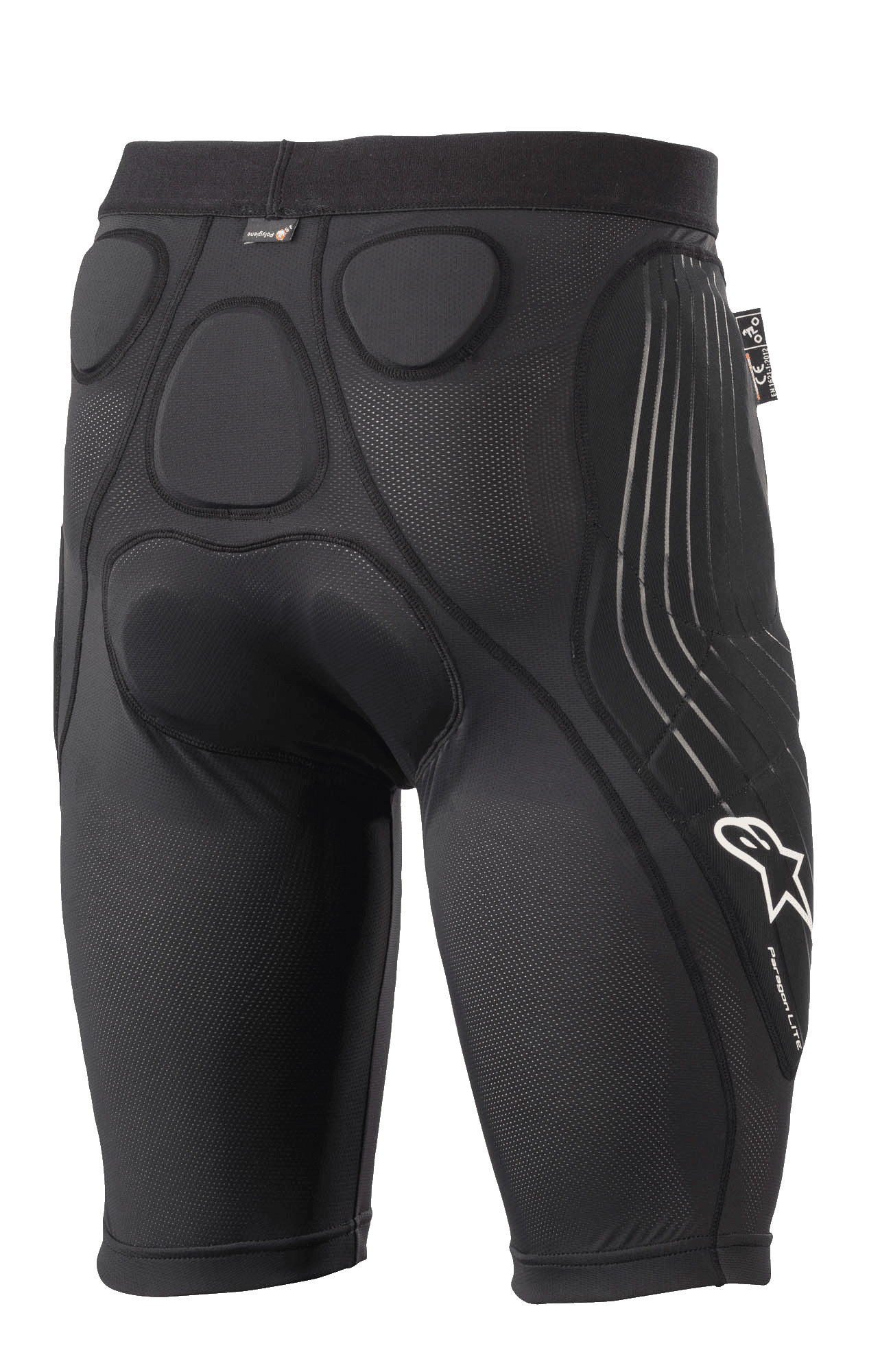 Shorts de protección Alpinestars Paragon Lite, negro, vista trasera con acolchado de espuma viscoelástica integrado para la protección de la cadera y el cóccix, diseño de malla transpirable, logotipo blanco de Alpinestars y marca Paragon Lite en la pierna, equipo de protección ligero para ciclismo
