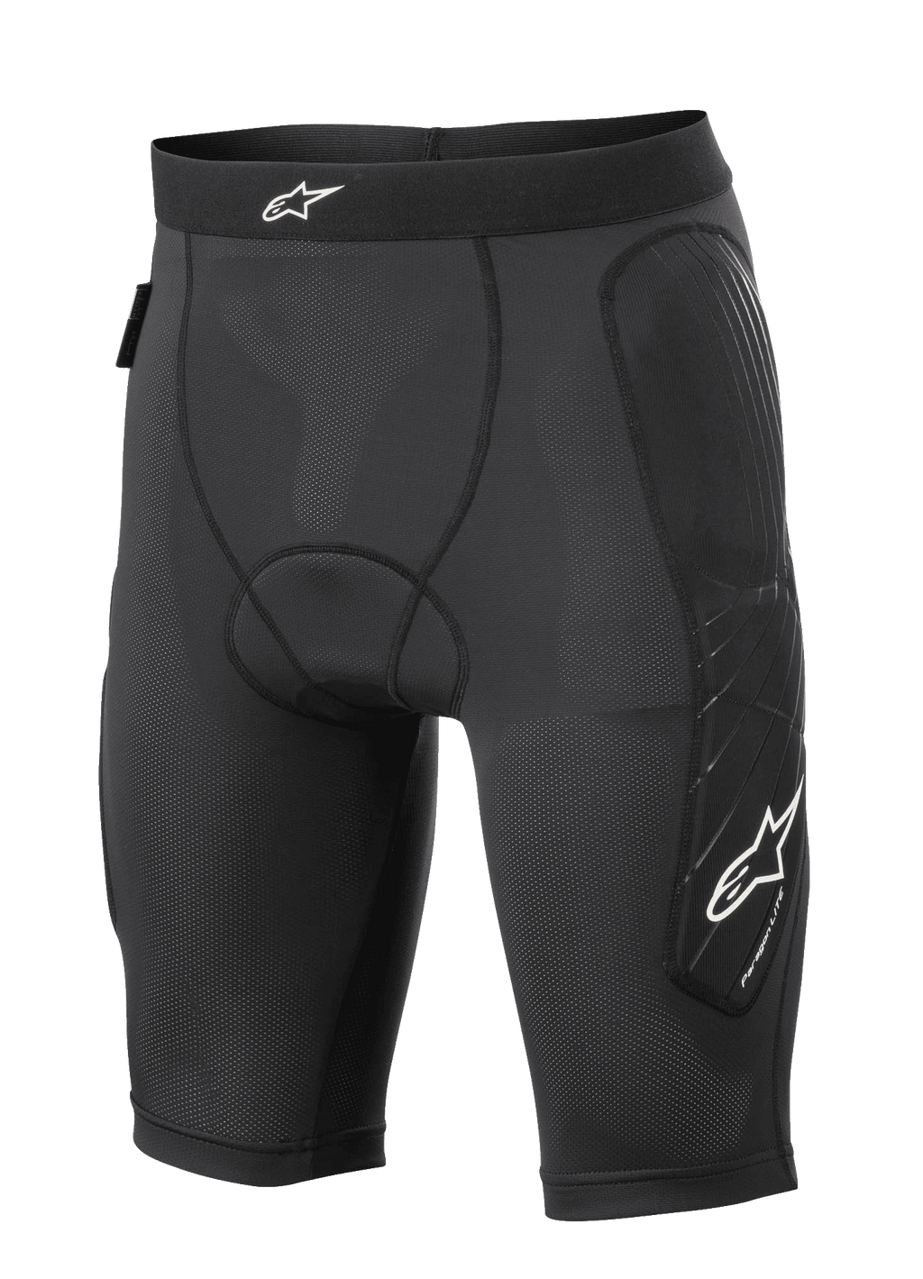 Alpinestars Paragon Lite Protection Shorts, pantalones cortos de protección para MTB, negros, construcción de malla ligera y transpirable con tejido perforado, acolchado en la cadera y el lateral de la pierna, logotipo de estrella blanca en la cintura y la pierna, ajuste de estilo compresión para ciclismo off-road