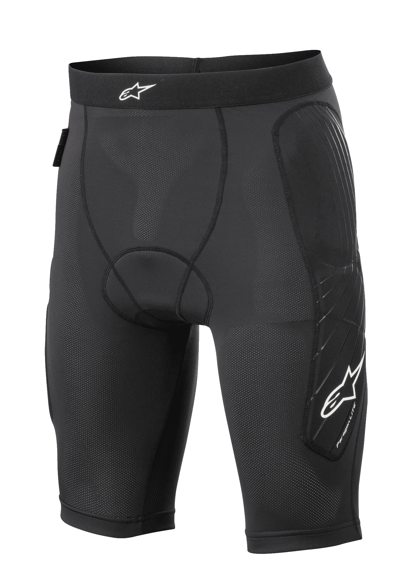 Alpinestars Paragon Lite Protection Shorts, pantalones cortos de protección para MTB, negros, construcción de malla ligera y transpirable con tejido perforado, acolchado en la cadera y el lateral de la pierna, logotipo de estrella blanca en la cintura y la pierna, ajuste de estilo compresión para ciclismo off-road