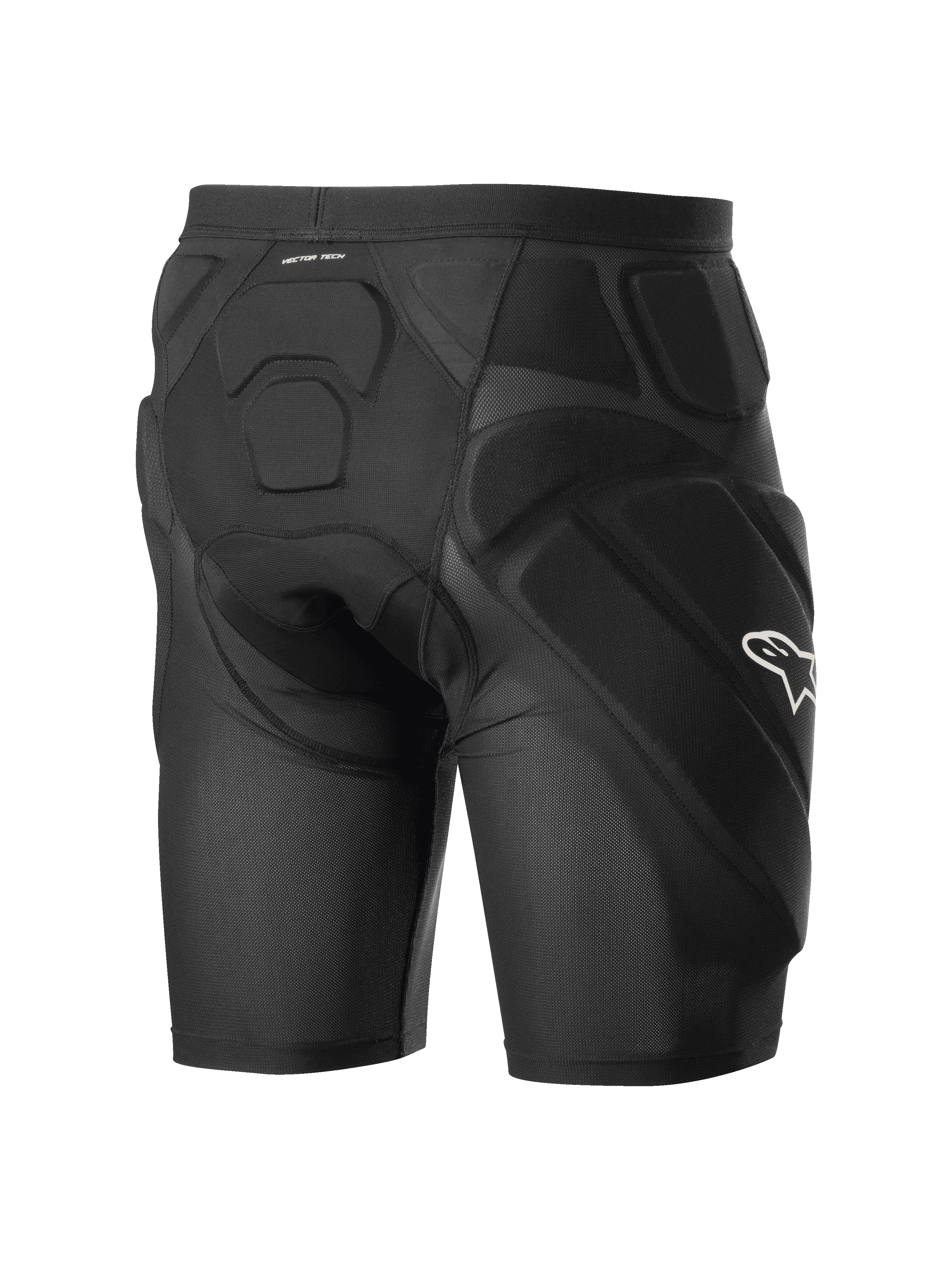 Alpinestars Vector Tech Shorts, pantalones cortos de protección para ciclismo negros, con acolchado de espuma de memoria EVA integrado en caderas y espalda, construcción de malla elástica transpirable y logotipo blanco de Alpinestars en el lateral