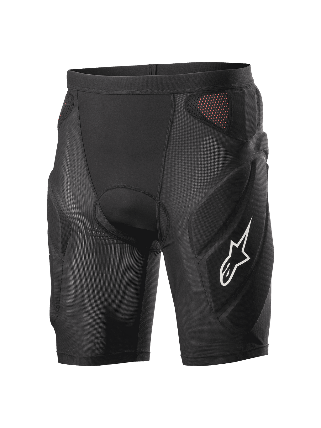 Alpinestars Vector Tech Shorts, pantalones cortos de protección para ciclismo negros, diseño de compresión acolchado con paneles de malla rojos, logotipo de estrella blanco en el muslo, malla elástica ligera con protección de espuma EVA, equipamiento para MTB y descenso