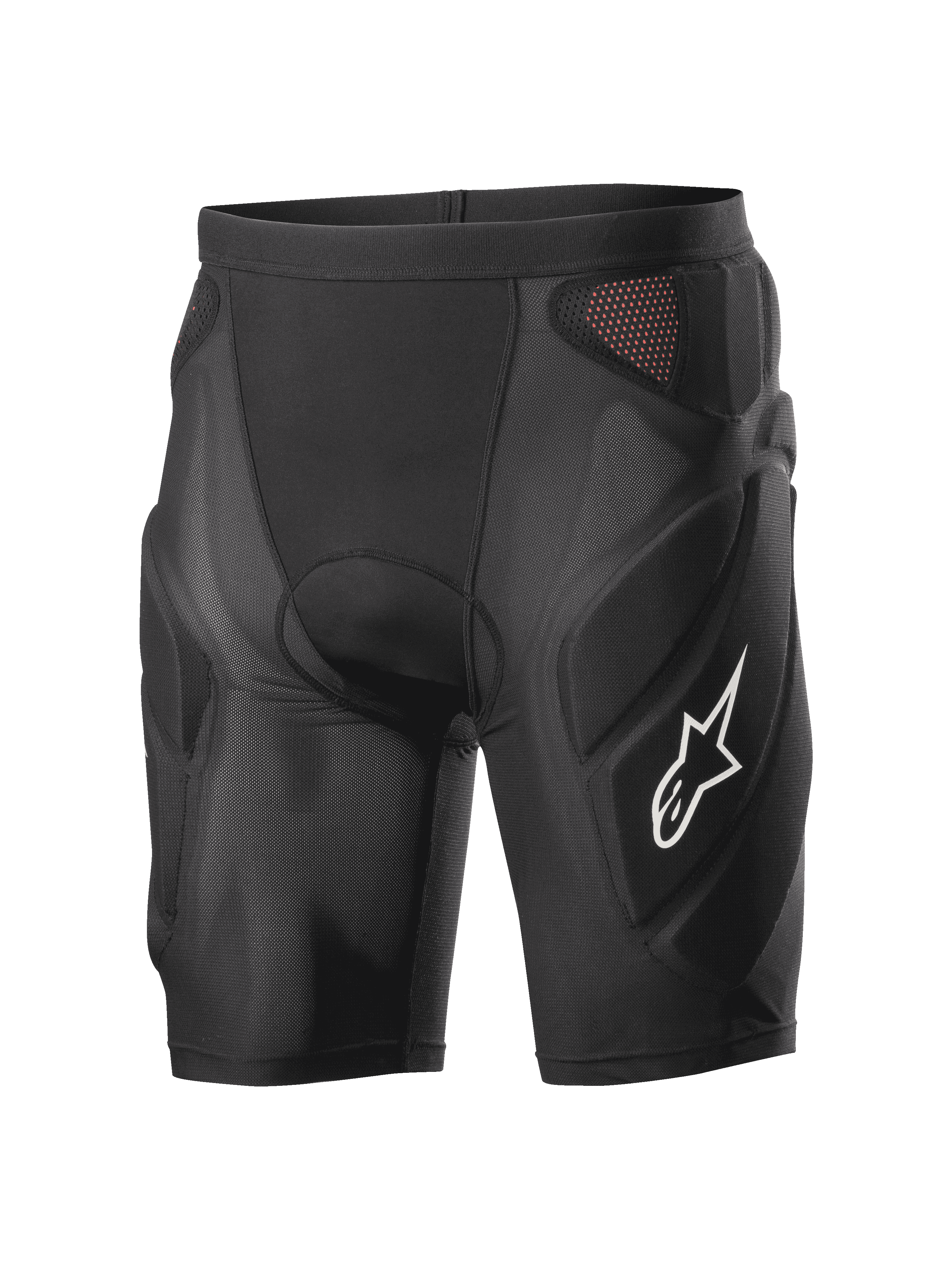 Alpinestars Vector Tech Shorts, pantalones cortos de protección para ciclismo negros, diseño de compresión acolchado con paneles de malla rojos, logotipo de estrella blanco en el muslo, malla elástica ligera con protección de espuma EVA, equipamiento para MTB y descenso