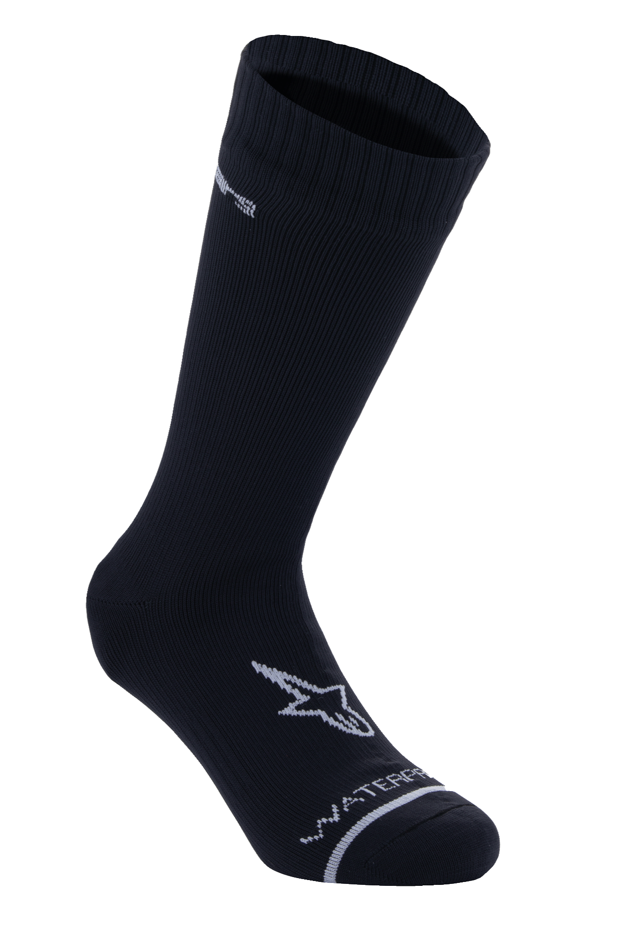 Alpinestars A-Dura Waterproof Socks, calcetines de ciclismo de media pantorrilla, negros, textura acanalada en el puño, logo A-star blanco en el pie, letras 'Waterproof' en la puntera, capa base técnica para MTB