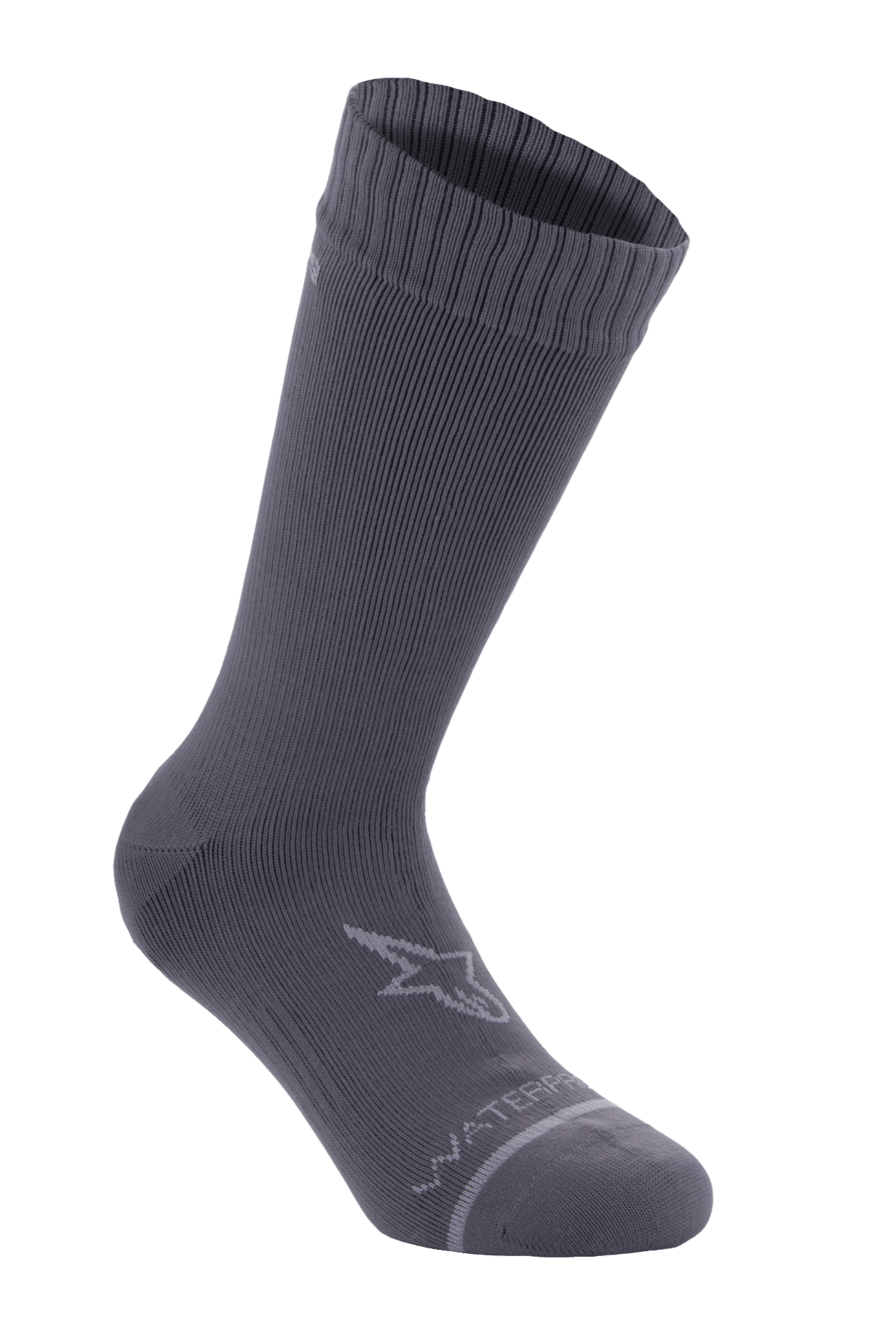 Alpinestars A-Dura Waterproof Socks, gris titanio oscuro, calcetines de ciclismo a media pantorrilla con textura acanalada, logotipo de la estrella de Alpinestars en gris claro en el tobillo y texto "WATERPROOF" cerca de la puntera, equipamiento de alto rendimiento para ciclismo de montaña y conducción off-road