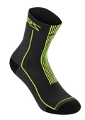 Alpinestars Summer Socks 15, calcetines de ciclismo ligeros y acanalados en negro y amarillo ácido, con la marca ASTARS en amarillo neón y rayas verticales en el talón, construcción de malla transpirable para MTB en climas cálidos