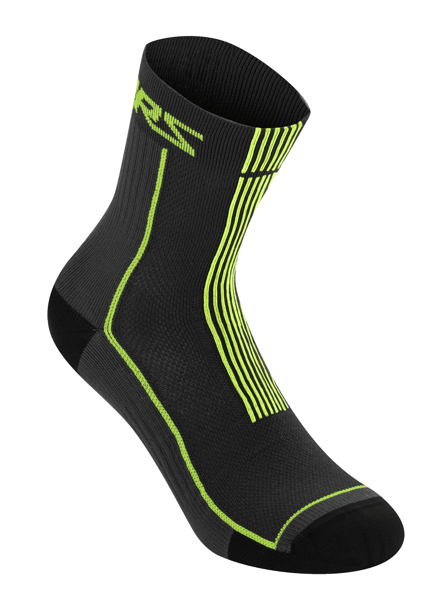 Alpinestars Summer Socks 15, calcetines de ciclismo ligeros y acanalados en negro y amarillo ácido, con la marca ASTARS en amarillo neón y rayas verticales en el talón, construcción de malla transpirable para MTB en climas cálidos
