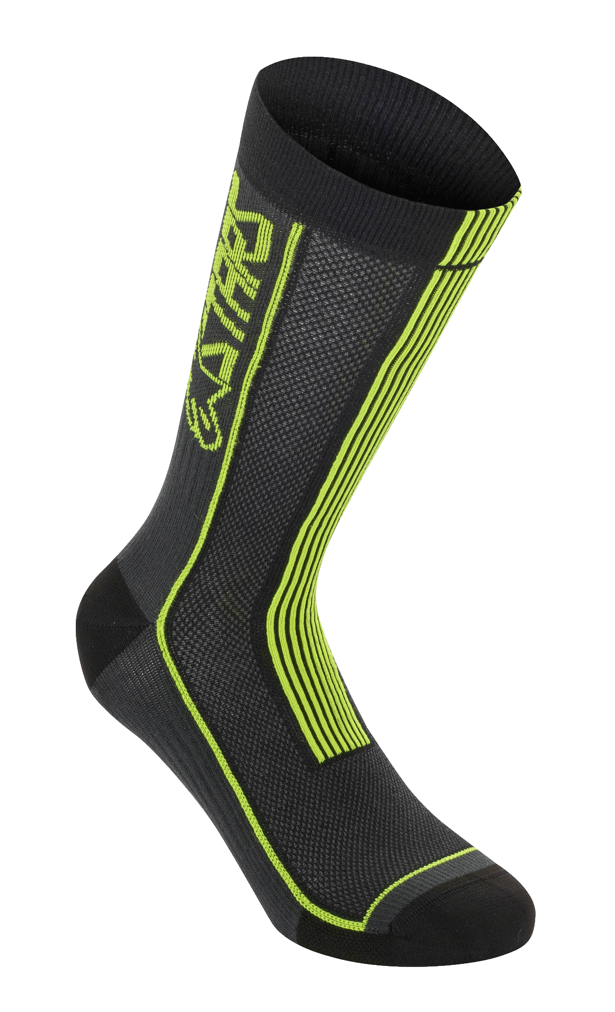 Alpinestars Summer Socks, calcetines de ciclismo, negro y amarillo ácido, con rayas verticales amarillo neón y marca ASTARS, confección de malla transpirable con puño superior acanalado, talón y puntera reforzados, equipamiento ligero de alto rendimiento para MTB
