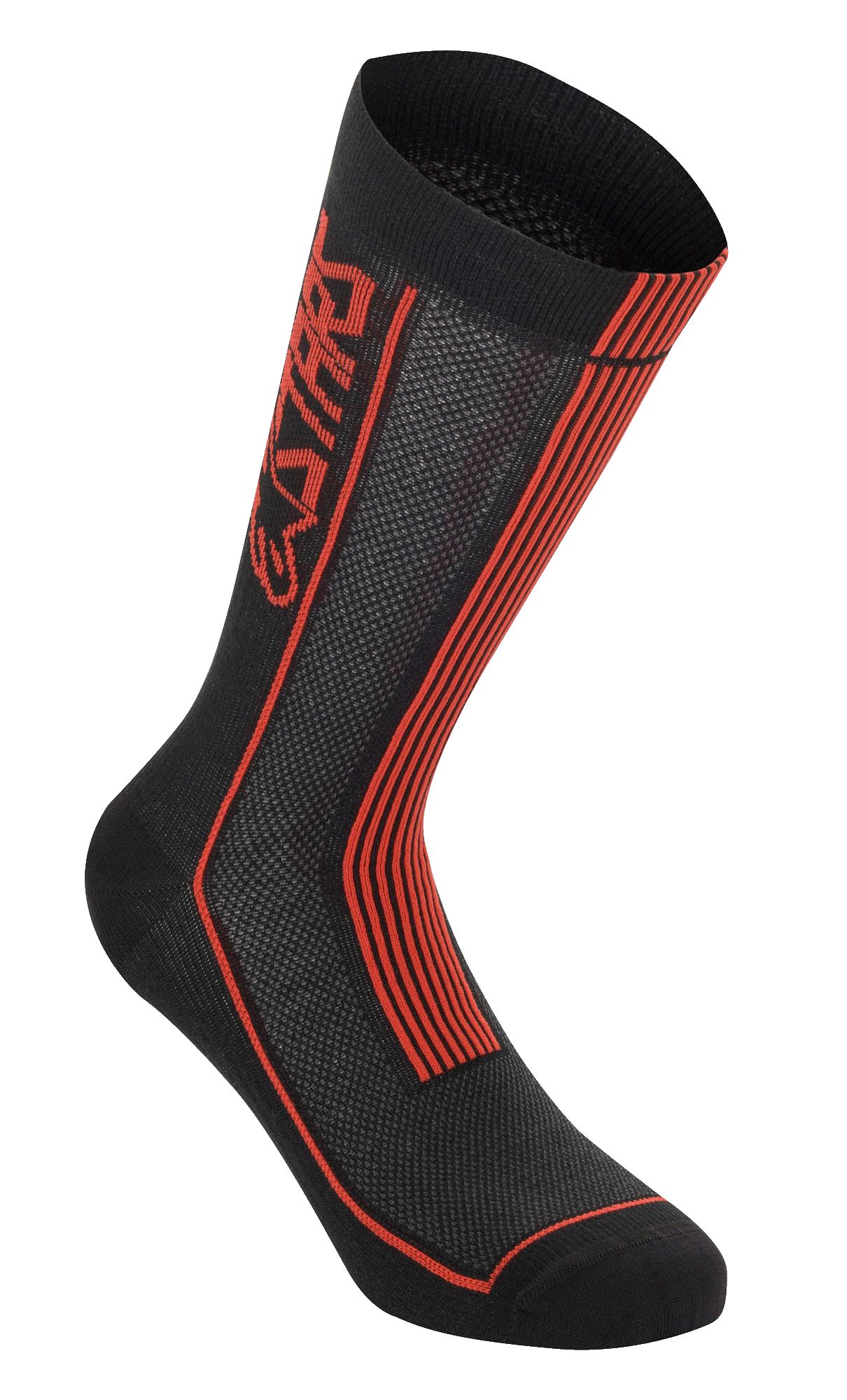 Alpinestars Summer Socks, calcetines de ciclismo, negro y rojo brillante, logotipo Astars vertical y rayas rojas, textura de malla tejida para flujo de aire, construcción de costilla para elasticidad, calzado de alto rendimiento para rodar en climas cálidos