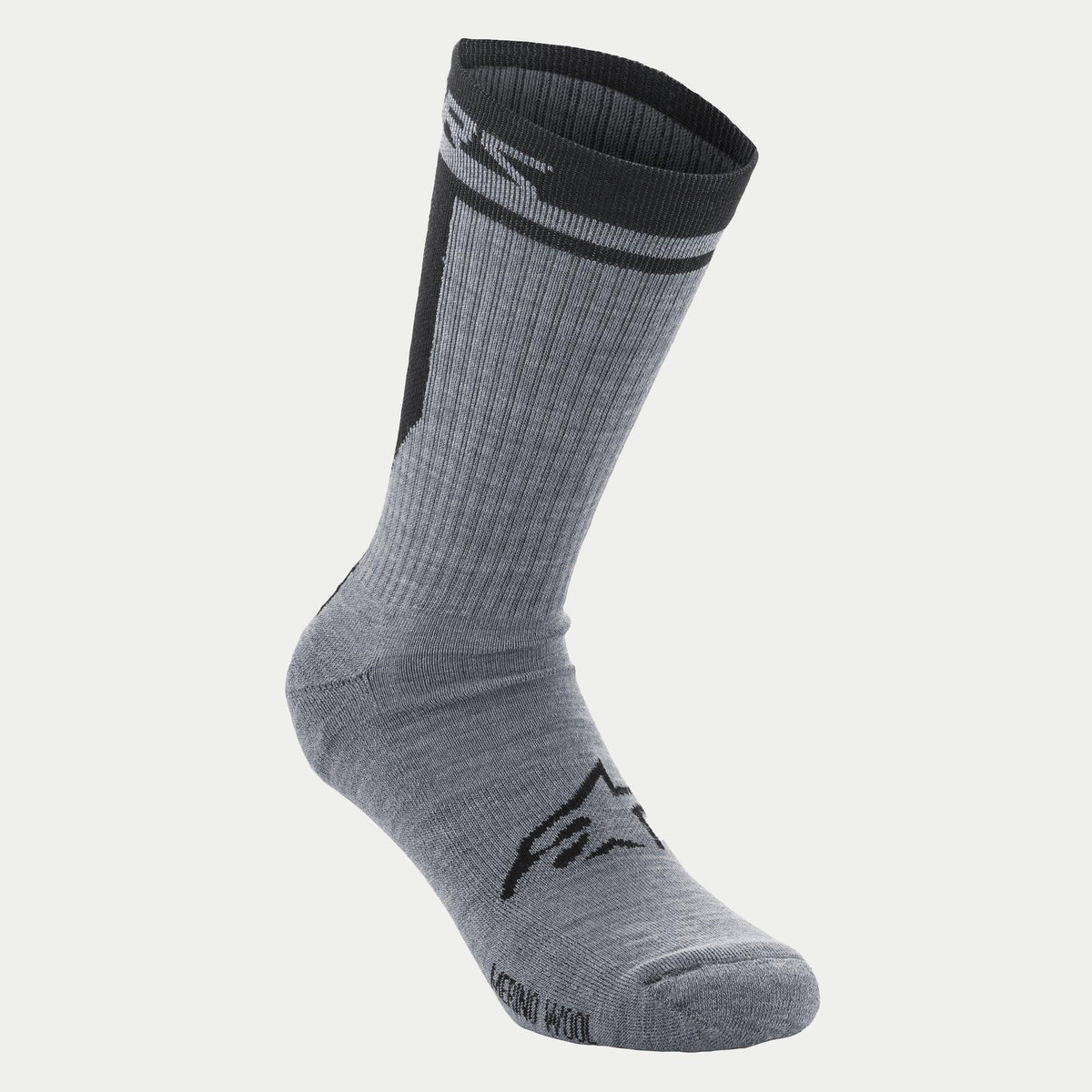 Alpinestars Merino Socks 24, Cycling Socks, Gray and Black, ribbed single-layer merino wool construction, featuring a black star logo on the foot and branded black cuff, 24cm length for MTB and road cycling comfort