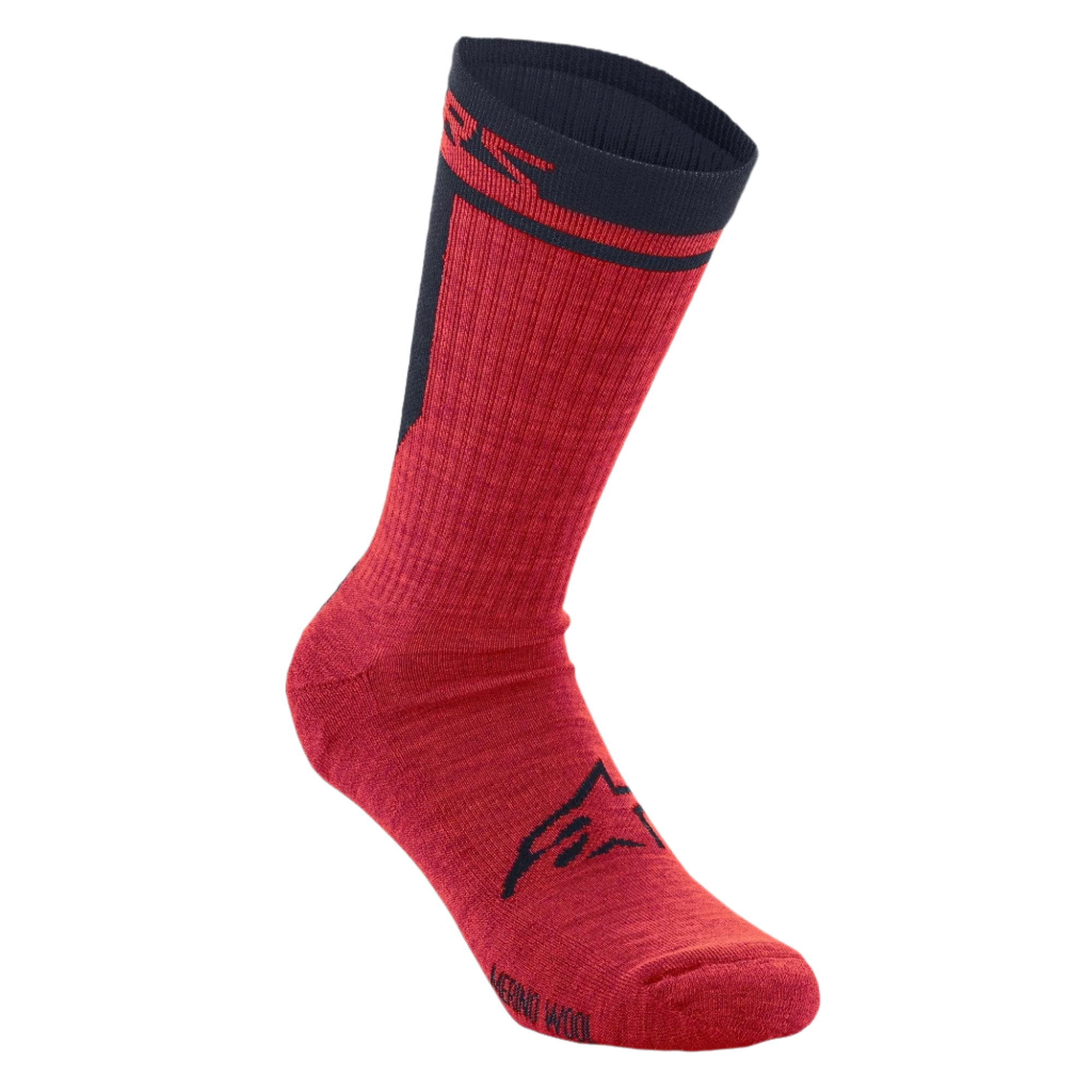 Alpinestars Merino Socks 24, calcetines de ciclismo, rojos y negros, construcción de una sola capa de lana merino, con el logotipo de Alpinestars en negro en el pie y un puño negro con la marca en rojo