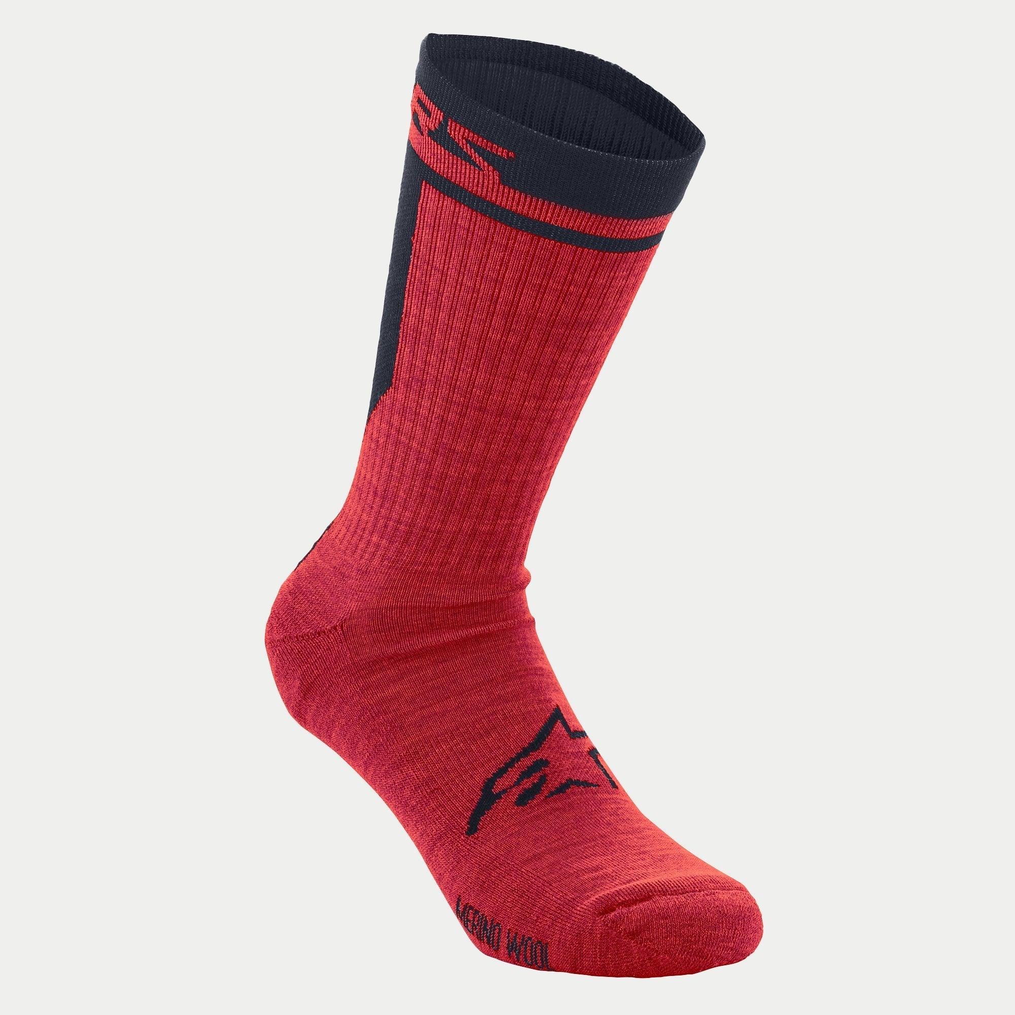 Alpinestars Merino Socks 24, Cycling Socks, Red and Black, featuring a 24cm cuff height, black Alpinestars logo on the foot, and textured merino wool construction for insulation and moisture management.