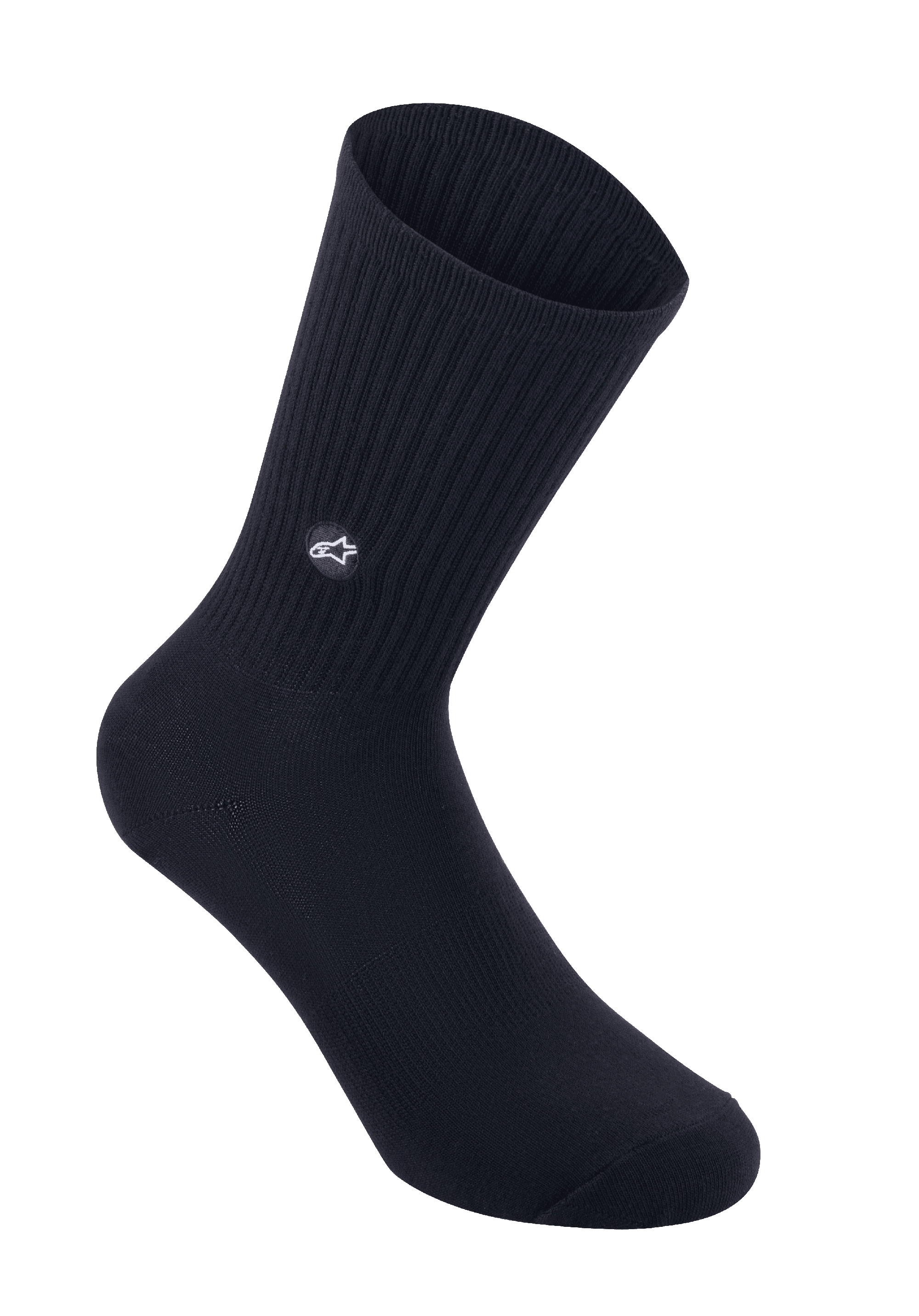 Alpinestars Alps Crew Socks, calcetines de ciclismo, negros, pantorrilla de punto acanalado con parche de logotipo de estrella bordado, estilo crew clásico para MTB y ciclismo de carretera