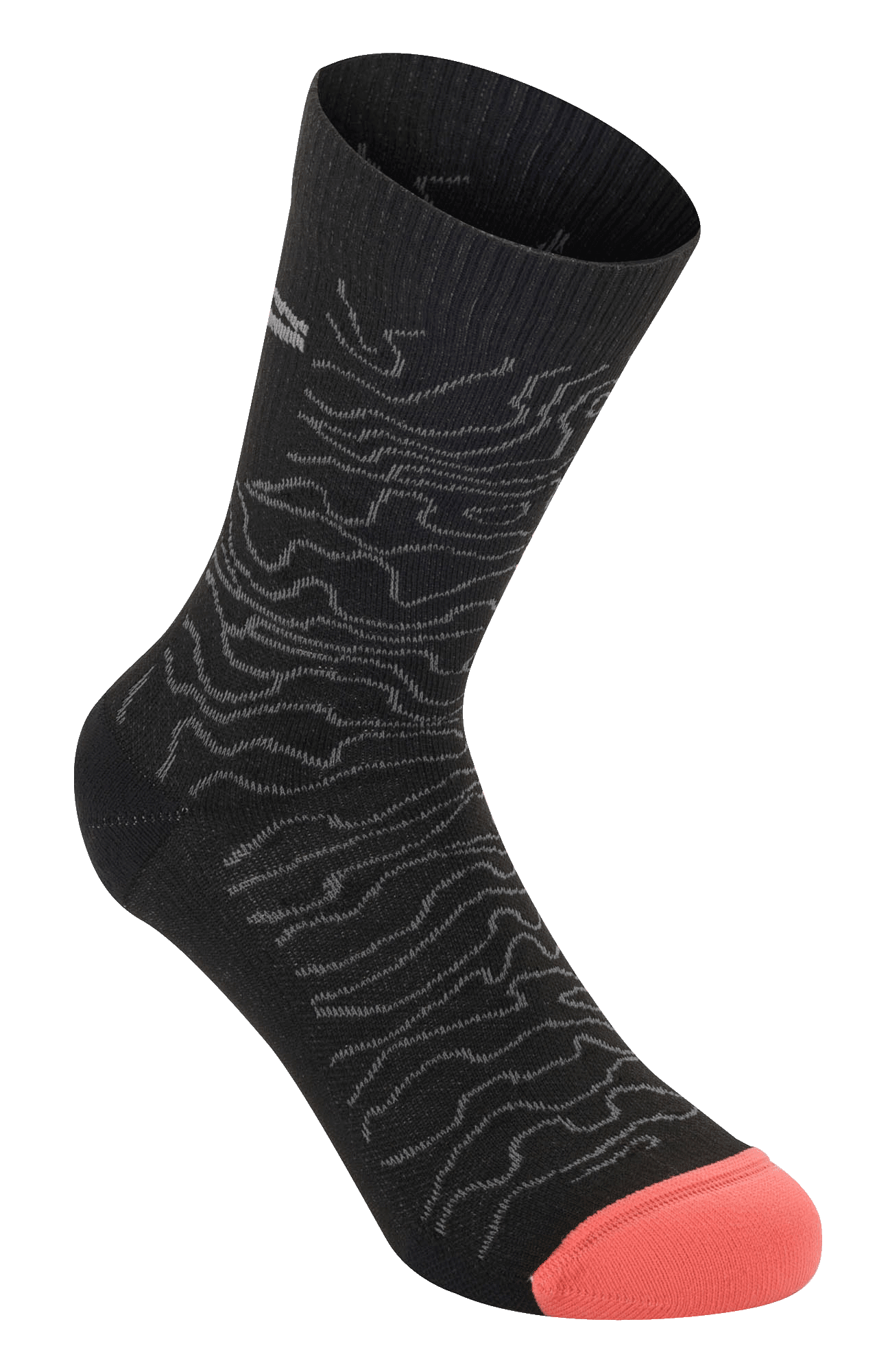 Alpinestars Drop Socks 15, calcetines de ciclismo de alto rendimiento, negros y gris medio con puntera naranja coral, con patrón ondulado topográfico y puño acanalado, diseño de malla ligera para MTB y conducción off-road