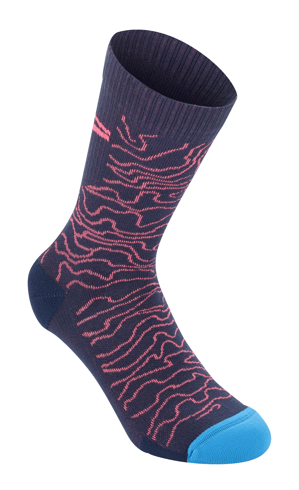 Alpinestars Drop Socks 15, calcetines de ciclismo de alto rendimiento, azul marino con patrón ondulado coral y puntera azul brillante, textura acanalada en la parte superior, altura media pantorrilla