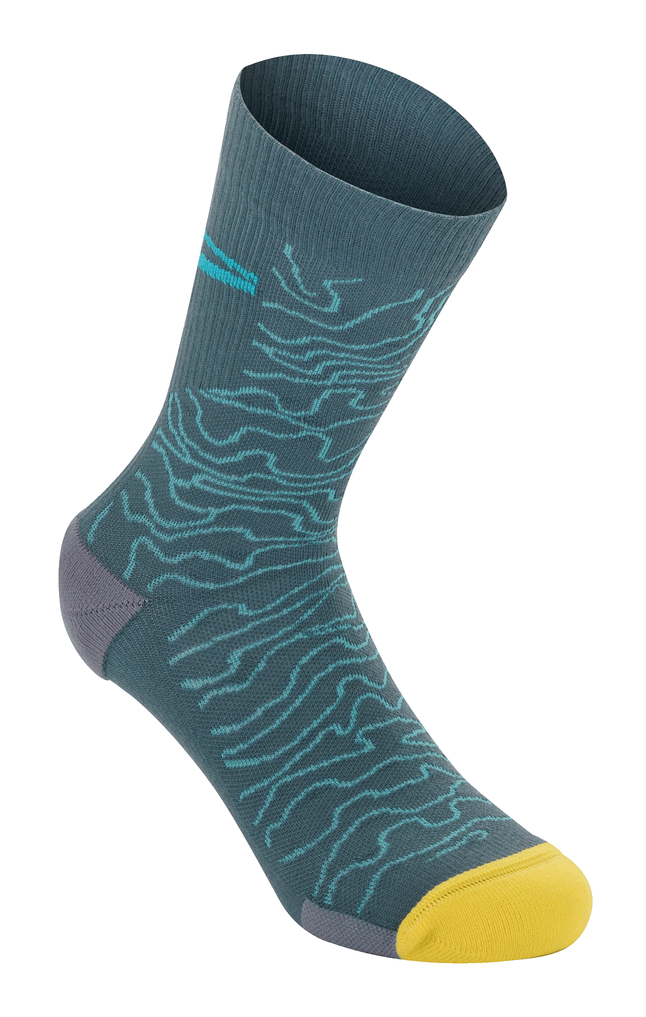 Alpinestars Drop Socks 15, calcetines de ciclismo de montaña, azul Atlantic Ceramic con un patrón topográfico en azul claro, puntera amarilla brillante y talón gris, textura acanalada, calcetines ligeros de alto rendimiento para MTB