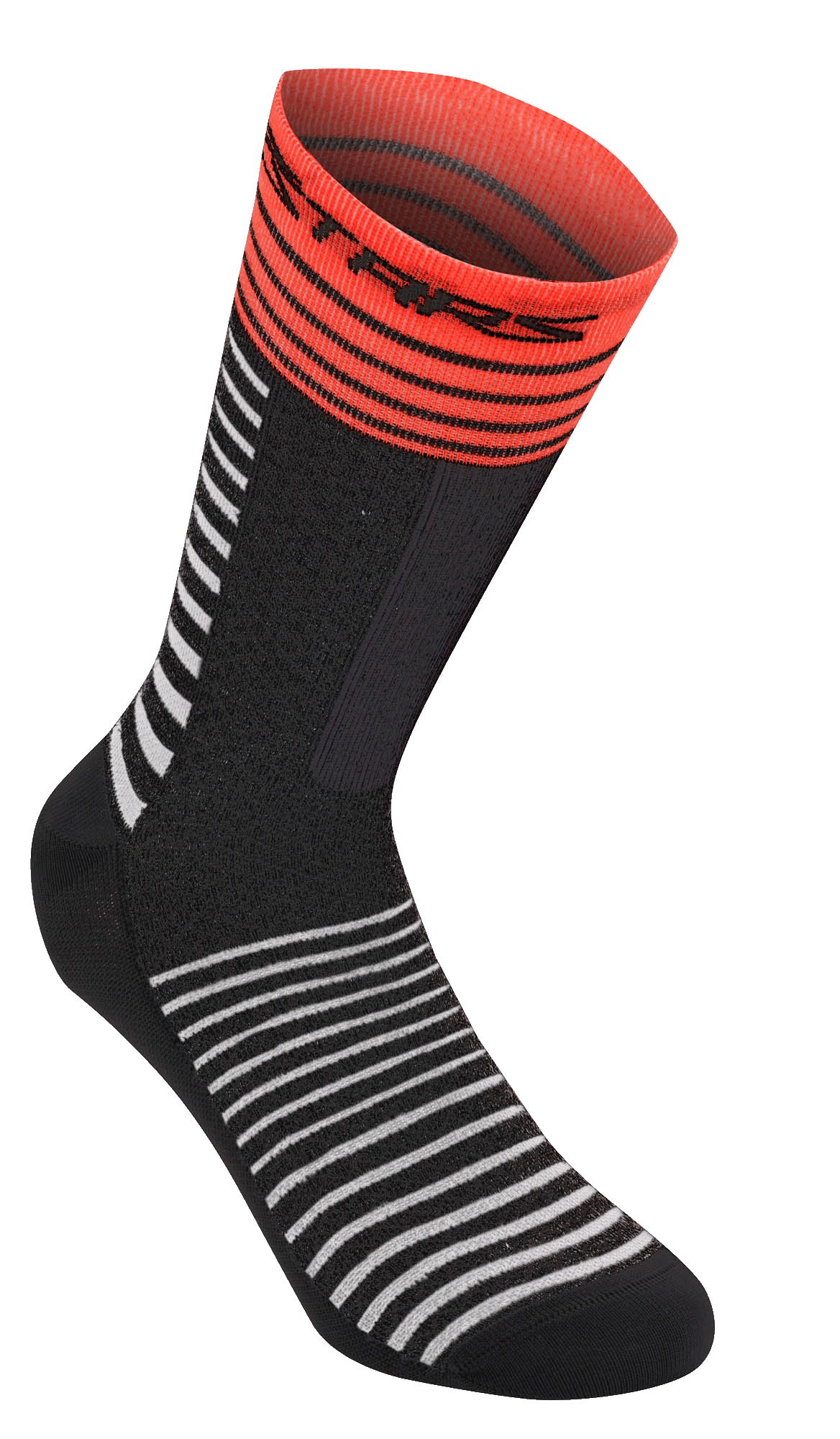 Alpinestars Drop Socks 19, calcetines de ciclismo MTB, negros con franjas horizontales blancas, puño acanalado rojo brillante con logotipo negro, construcción de malla ligera, 19 cm de largo