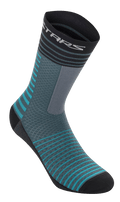 Alpinestars Drop Socks 19, calcetines de ciclismo, Atlantic Ceramic y gris, diseño de rayas horizontales en verde azulado y negro, construcción de malla transpirable, longitud de media pantorrilla, equipamiento de alto rendimiento para ciclismo de montaña
