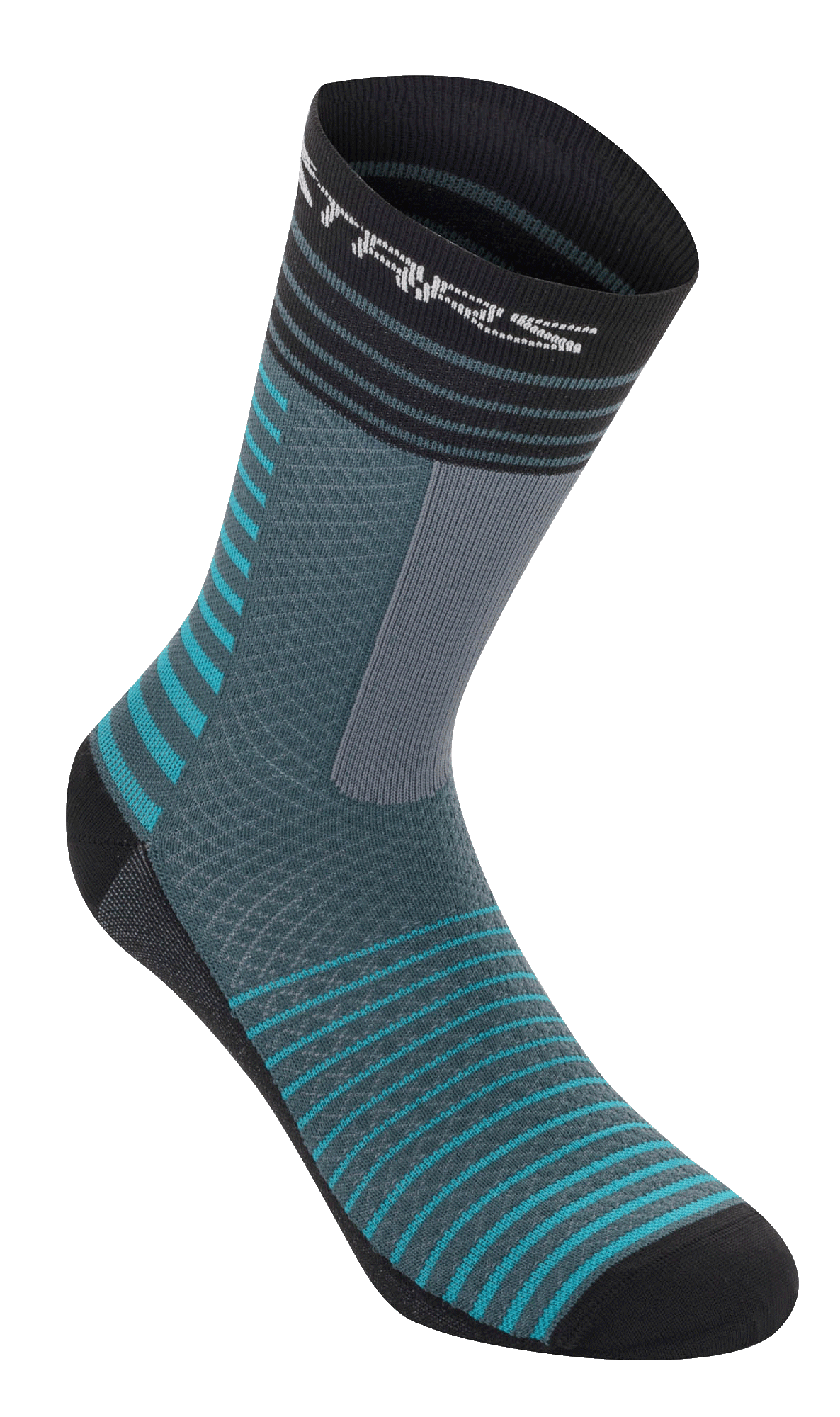 Alpinestars Drop Socks 19, calcetines de ciclismo, Atlantic Ceramic y gris, diseño de rayas horizontales en verde azulado y negro, construcción de malla transpirable, longitud de media pantorrilla, equipamiento de alto rendimiento para ciclismo de montaña