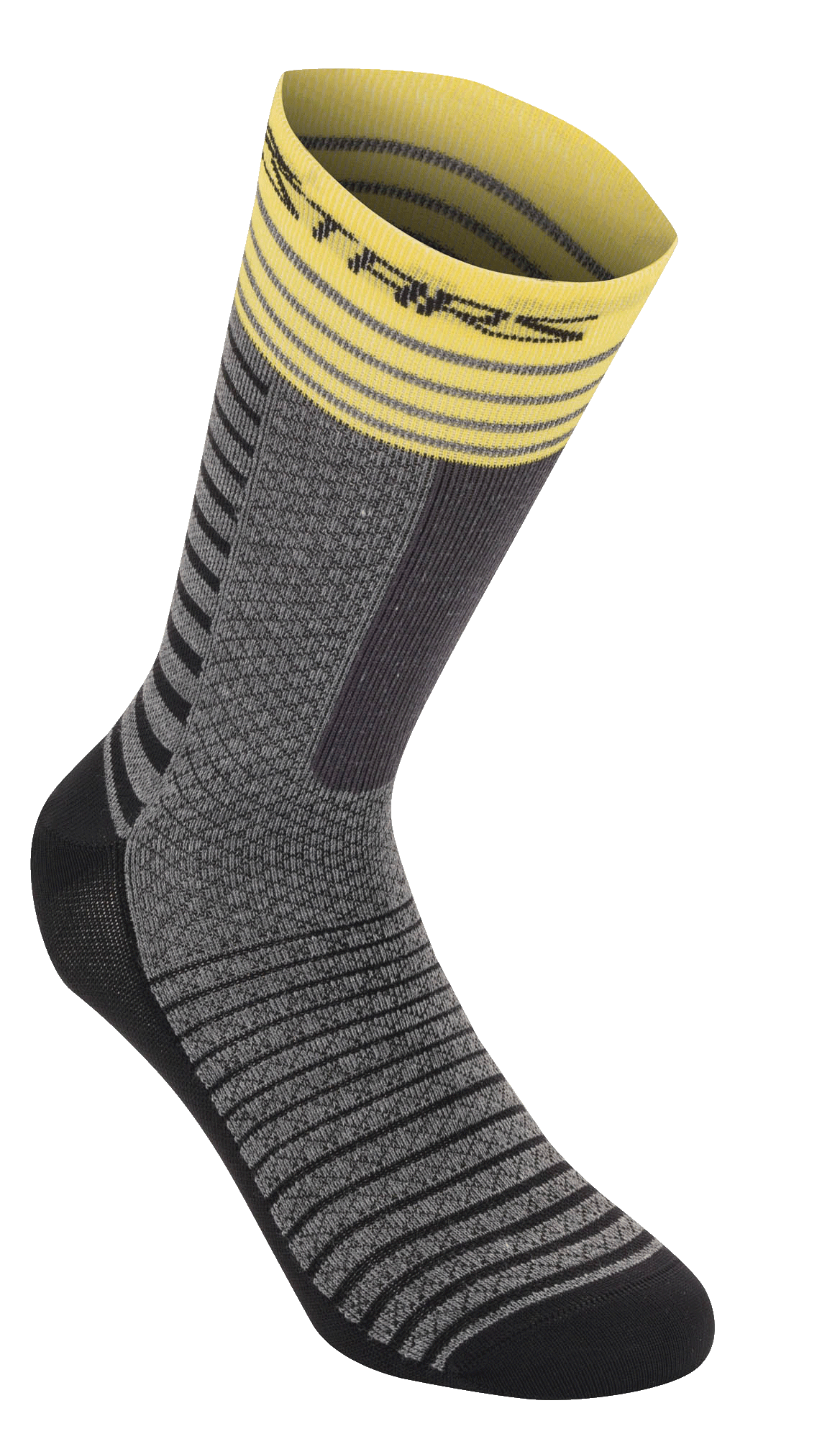 Alpinestars Drop Socks 19, calcetines de ciclismo, gris medio y amarillo, con puño acanalado amarillo con franjas, cuerpo gris texturizado con patrones horizontales negros, talón y puntera reforzados en negro, equipamiento de alto rendimiento transpirable para MTB