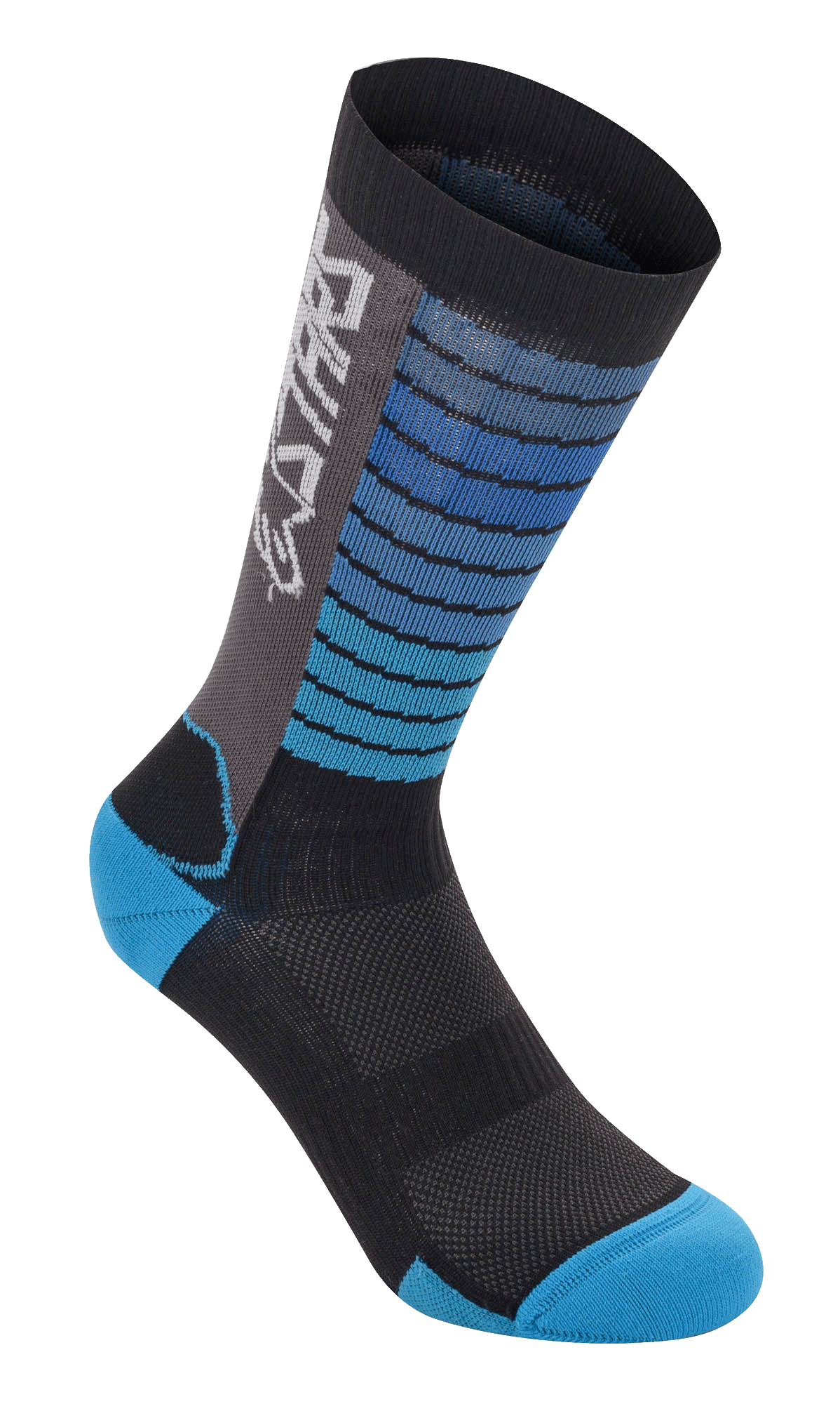 Alpinestars Drop Socks, calcetines de ciclismo MTB, negro y azul aqua, patrón de rayas horizontales en la parte superior, panel lateral gris con logo blanco, talón y puntera reforzados en color aqua, tejido de malla transpirable