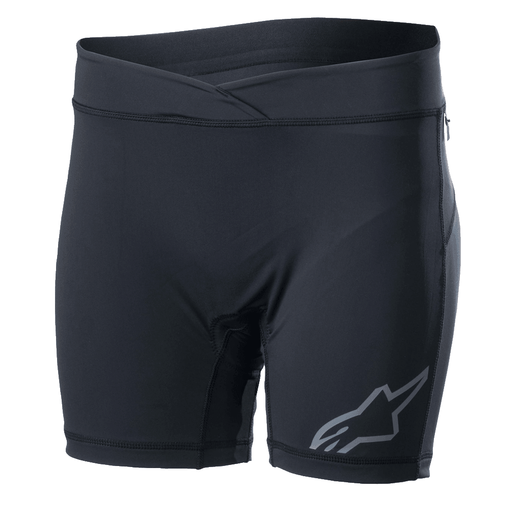Alpinestars Stella Drop Inner Shorts para mujer, capa base de ciclismo negra, pantalones cortos de compresión ajustados con cintura cruzada, logotipo gris de Alpinestars en la pierna, tejido elástico transpirable para MTB y Enduro