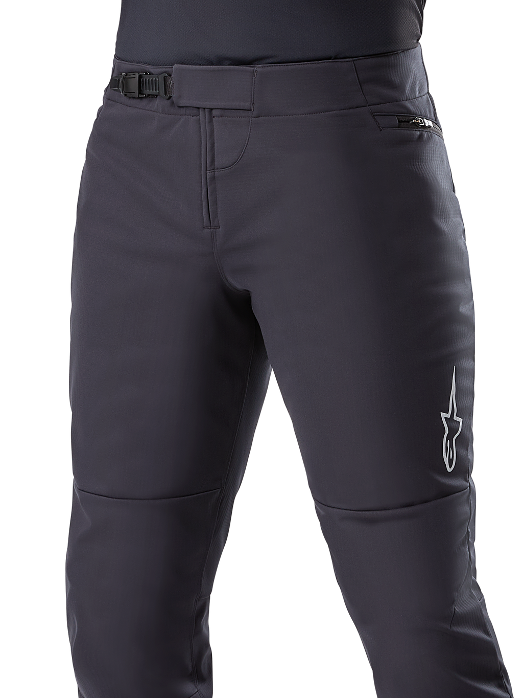 Pantalón Térmico Alpinestars A-Dura, pantalones de MTB negros, con cierre de trinquete seguro en la cintura y bolsillo con cremallera en la cadera, logotipo de estrella blanca en el lateral, diseño precurvado para mayor comodidad al conducir, material térmico duradero para ciclismo en climas fríos