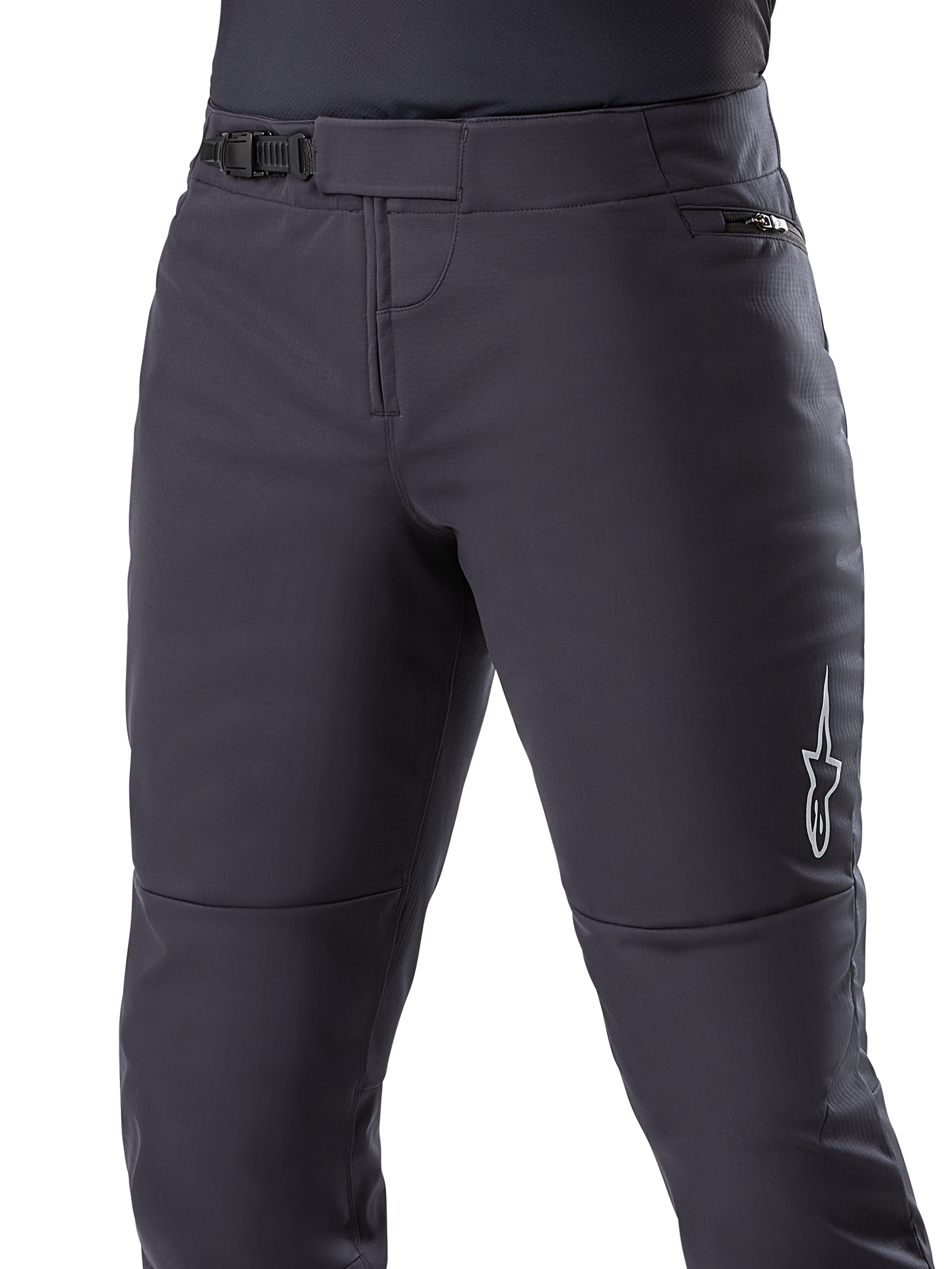 Pantalón Térmico Alpinestars A-Dura, pantalones de MTB negros, con cierre de trinquete seguro en la cintura y bolsillo con cremallera en la cadera, logotipo de estrella blanca en el lateral, diseño precurvado para mayor comodidad al conducir, material térmico duradero para ciclismo en climas fríos