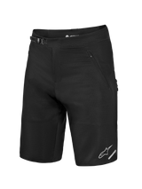 Pantalones cortos Alpinestars A-Dura Elite Flex negros, con cierre de trinquete y logo plateado para ciclismo de montaña.