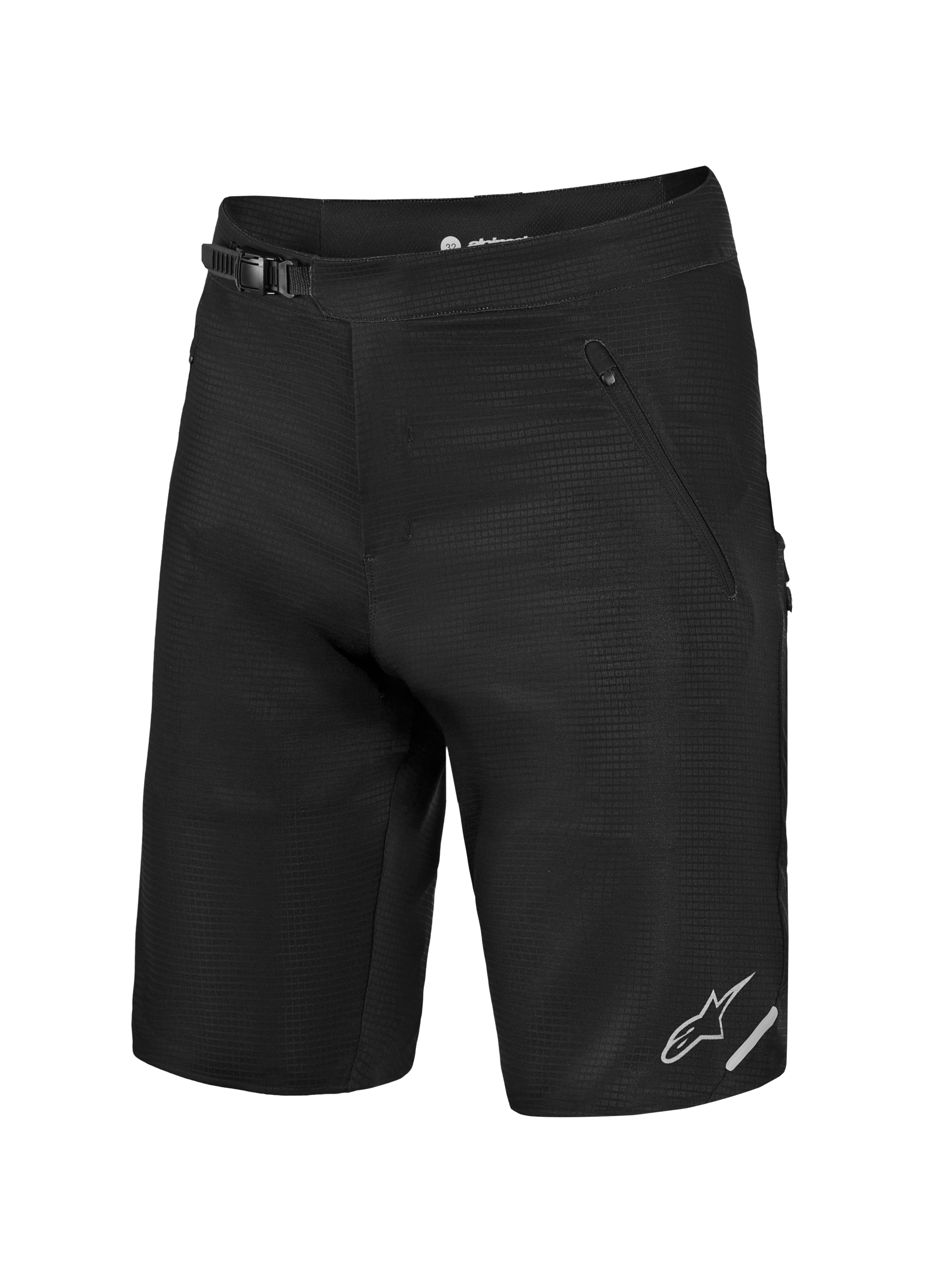 Pantalones cortos Alpinestars A-Dura Elite Flex negros, con cierre de trinquete y logo plateado para ciclismo de montaña.