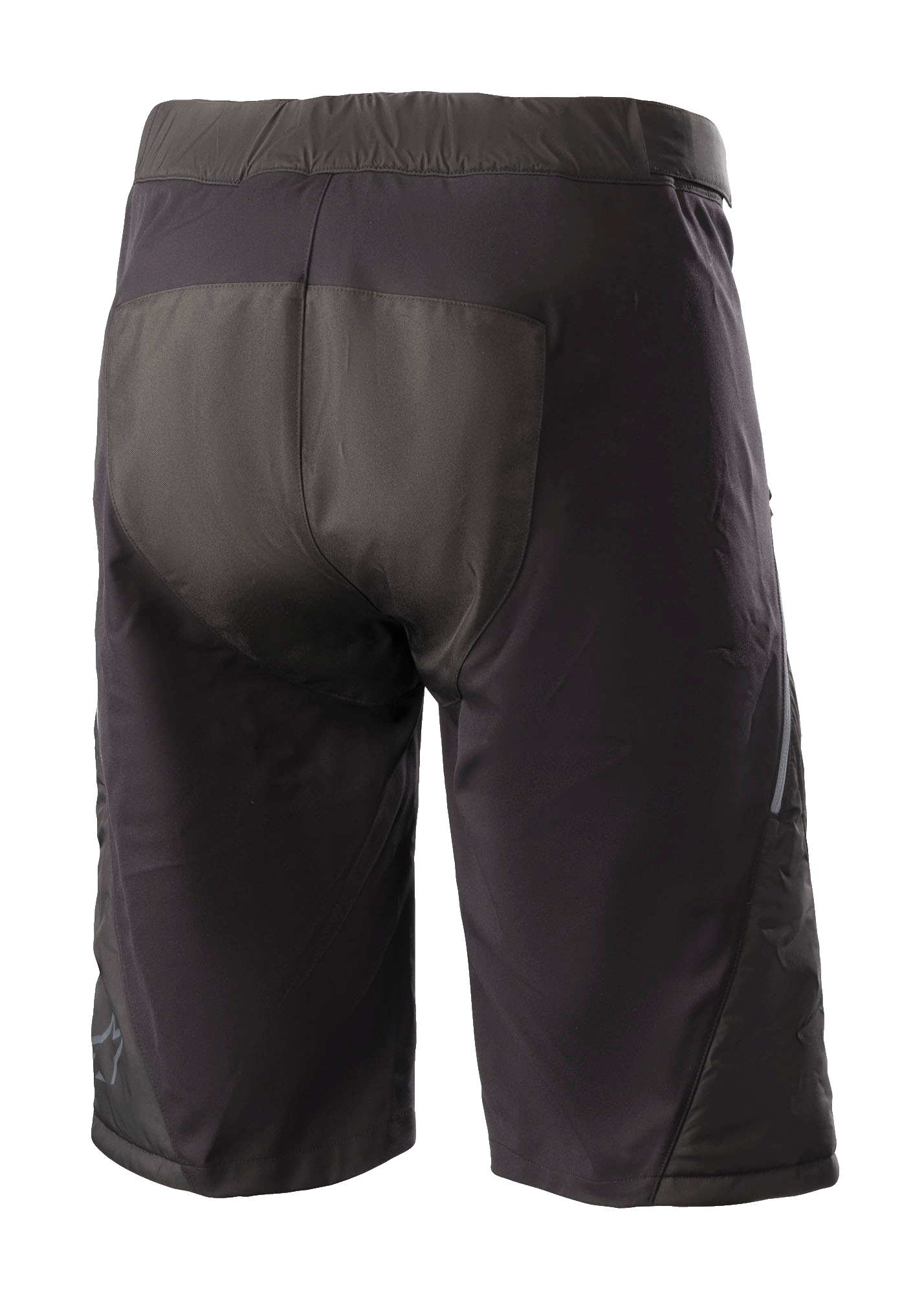 Alpinestars Denali 2 Shorts, pantalones cortos de ciclismo de montaña, Negro Grisaille, vista trasera con zona del asiento reforzada y construcción textil resistente al agua para ciclismo de montaña