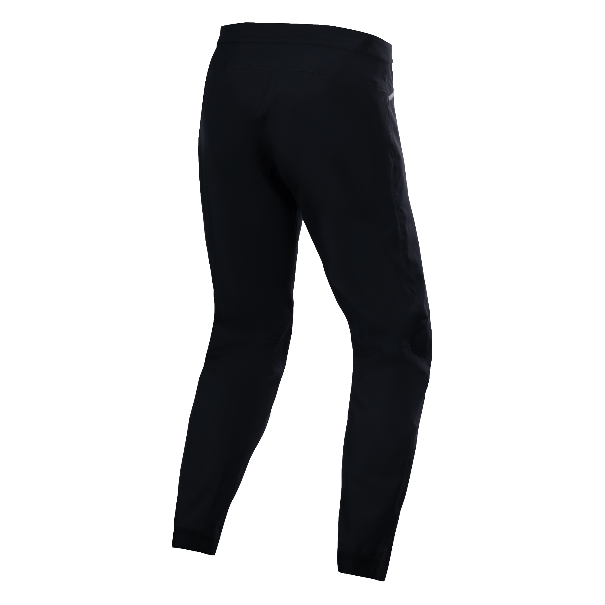 Pantalones impermeables Alpinestars A-Dura, negro, vista trasera que muestra la construcción de tejido técnico, pantalones de mountain bike con clasificación de impermeabilidad de 20k, tejido elástico duradero para rodar en condiciones húmedas