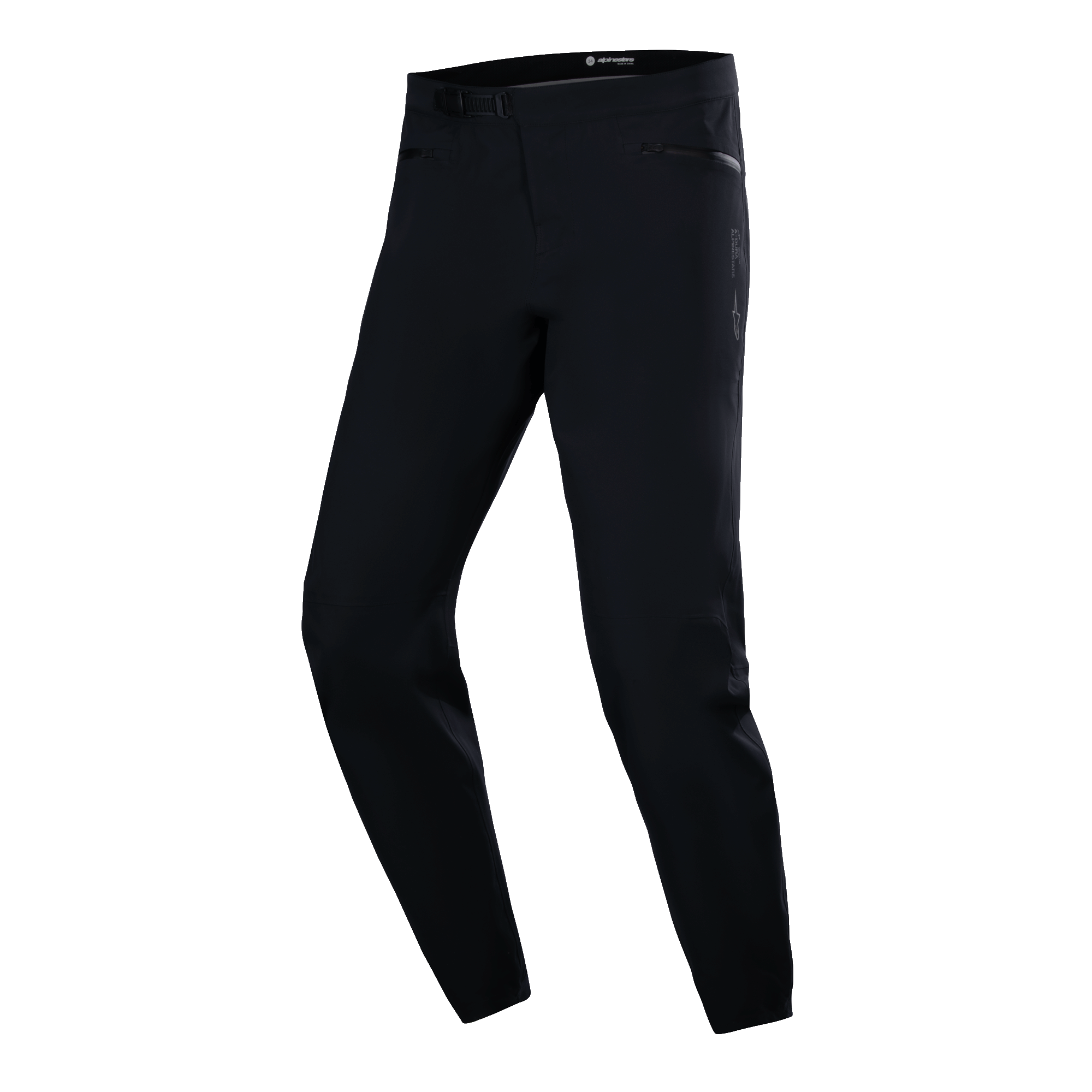Pantalones impermeables Alpinestars A-Dura, pantalones de ciclismo MTB, negros, diseño técnico de ajuste slim con bolsillos laterales con cremallera y hebilla de trinquete en la cintura, tejido impermeable liso, equipamiento de rendimiento minimalista para ciclismo de montaña