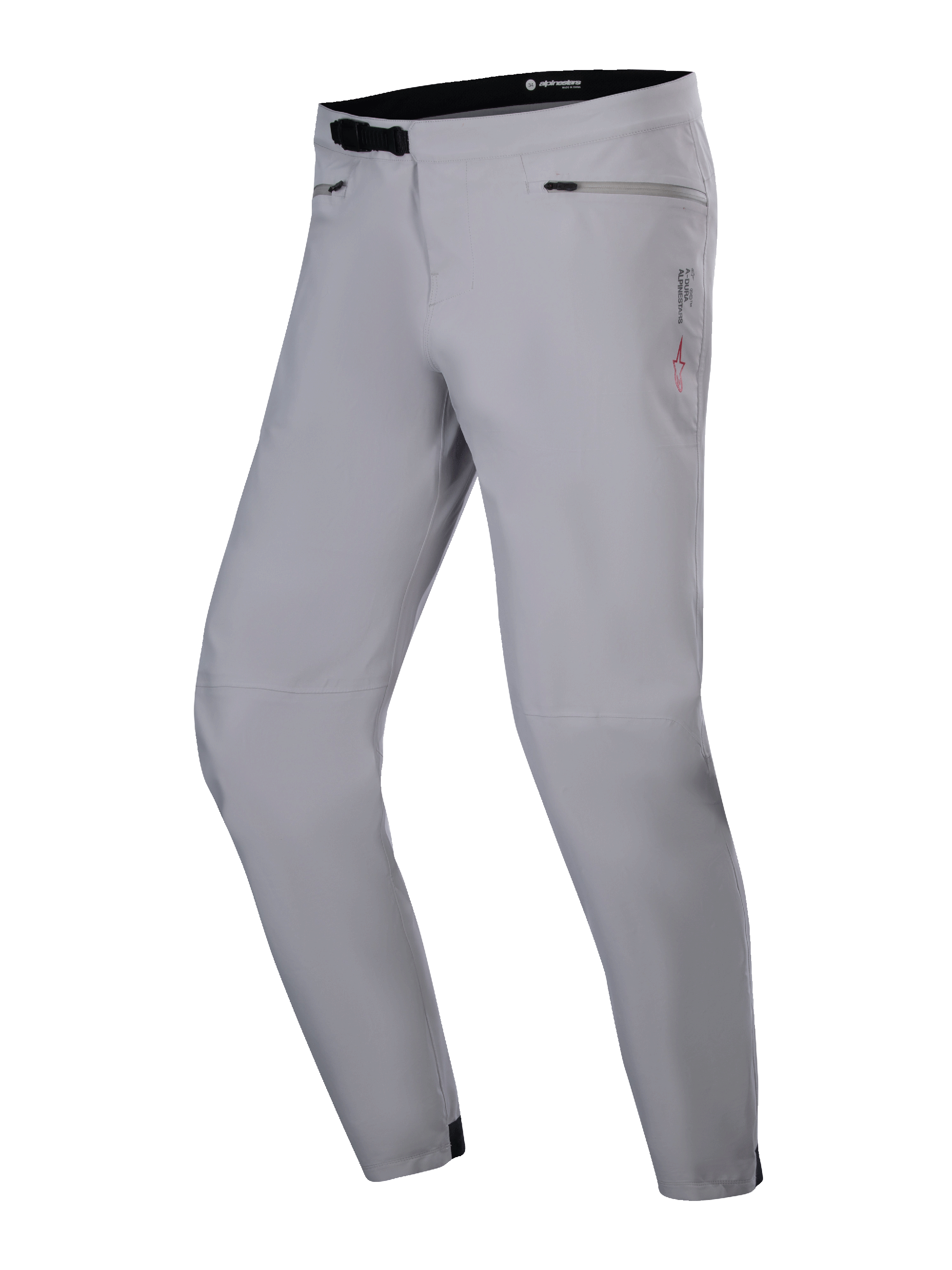 Pantalones impermeables Alpinestars A-Dura, pantalones de MTB, gris titanio, con un cierre de trinquete negro en la cintura, bolsillos con cremallera en la cadera y pernera cónica, diseño impermeable y duradero para ciclismo de montaña.