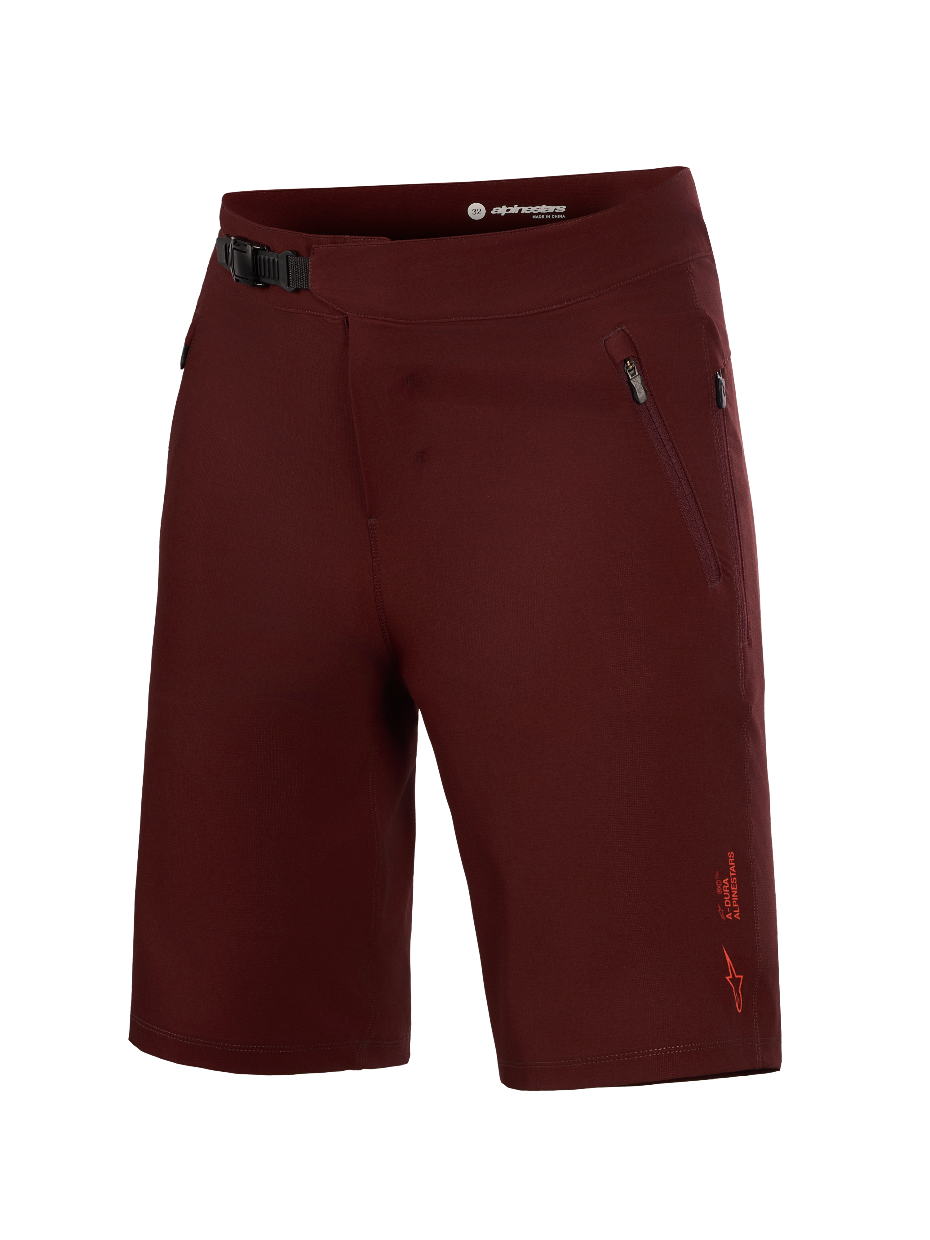 Pantalones cortos A-Dura Ride Liner burdeos, tejido elástico, cierre de trinquete frontal y bolsillos con cremallera.