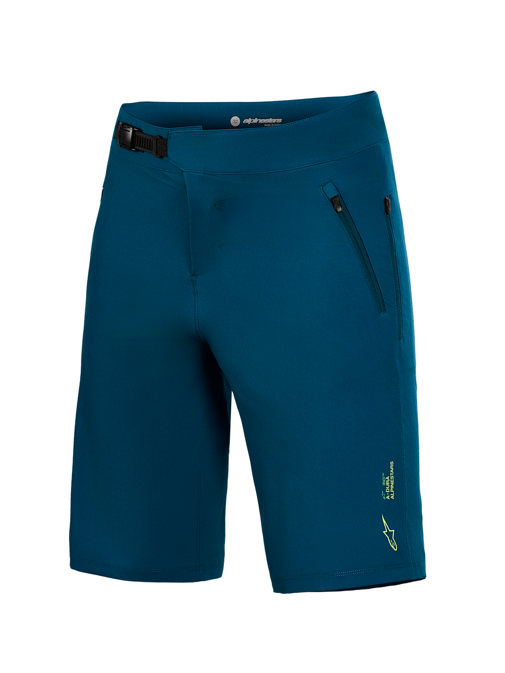 Pantalones cortos MTB A-Dura Ride azul verde con cierre de trinquete frontal y logotipo Alpinestars amarillo.