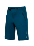 Pantalones cortos MTB A-Dura Ride azul verde con cierre de trinquete frontal y logotipo Alpinestars amarillo.