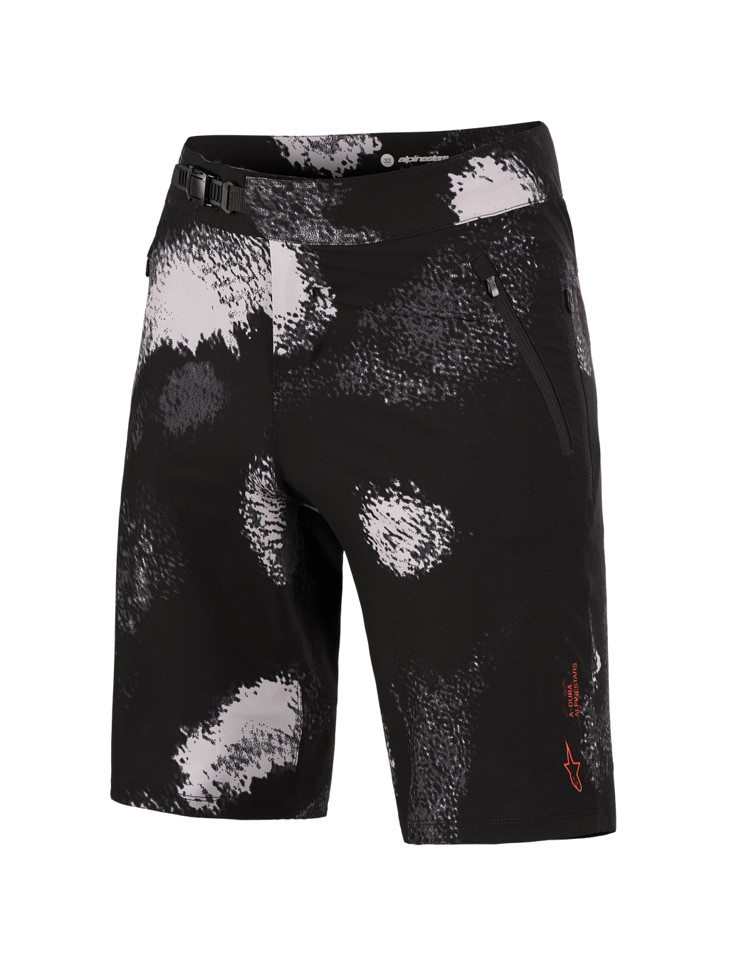 Pantalones Alpinestars A-Dura Ride Black Camo, cortos de MTB elásticos en 4 direcciones con cierre de trinquete seguro.