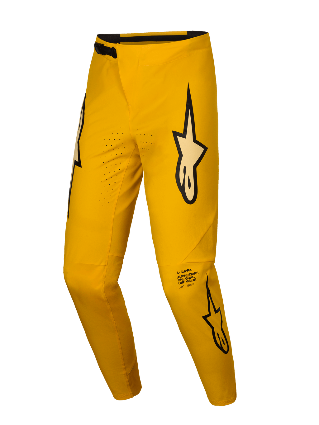 Alpinestars A-Supra Melt Gold Pantalones de MTB Edición Limitada, amarillos con perforaciones láser y gráficos distintivos de la marca
