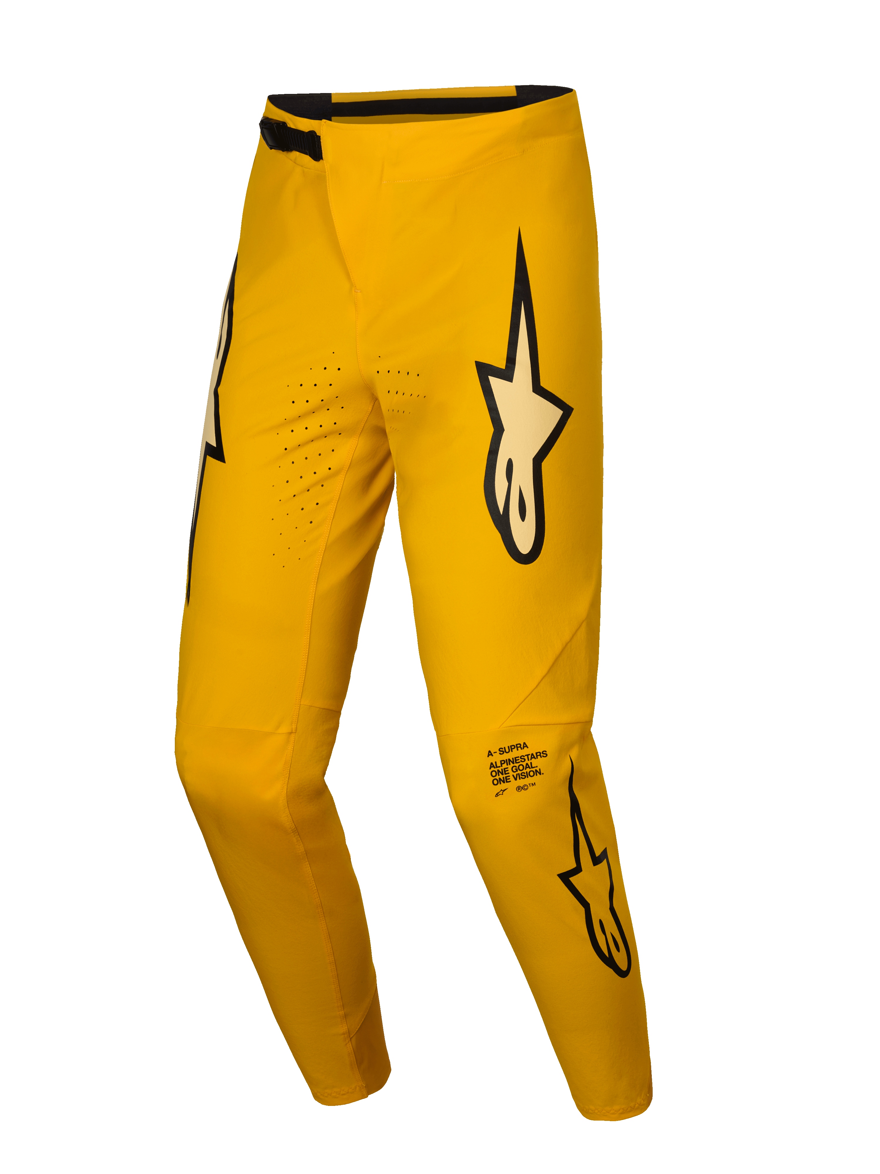 Alpinestars A-Supra Melt Gold Pantalones de MTB Edición Limitada, amarillos con perforaciones láser y gráficos distintivos de la marca