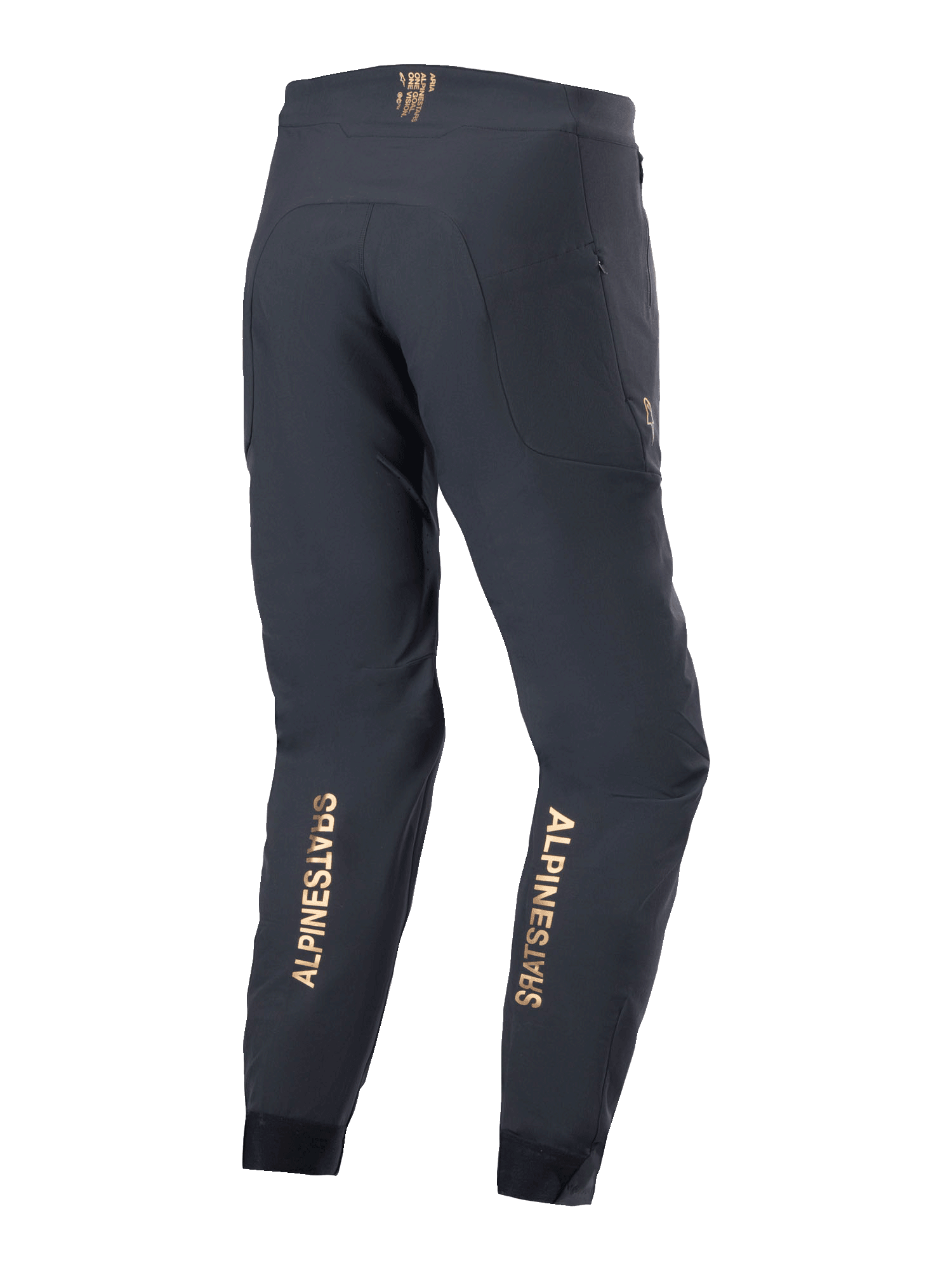 Pantalones Alpinestars A-Aria Elite, pantalones de ciclismo de montaña, negros, vista trasera con logotipos verticales dorados en la parte inferior de las piernas, ajuste de rendimiento con cintura absorbente y bolsillos con cremallera, diseñados para ciclismo de montaña.