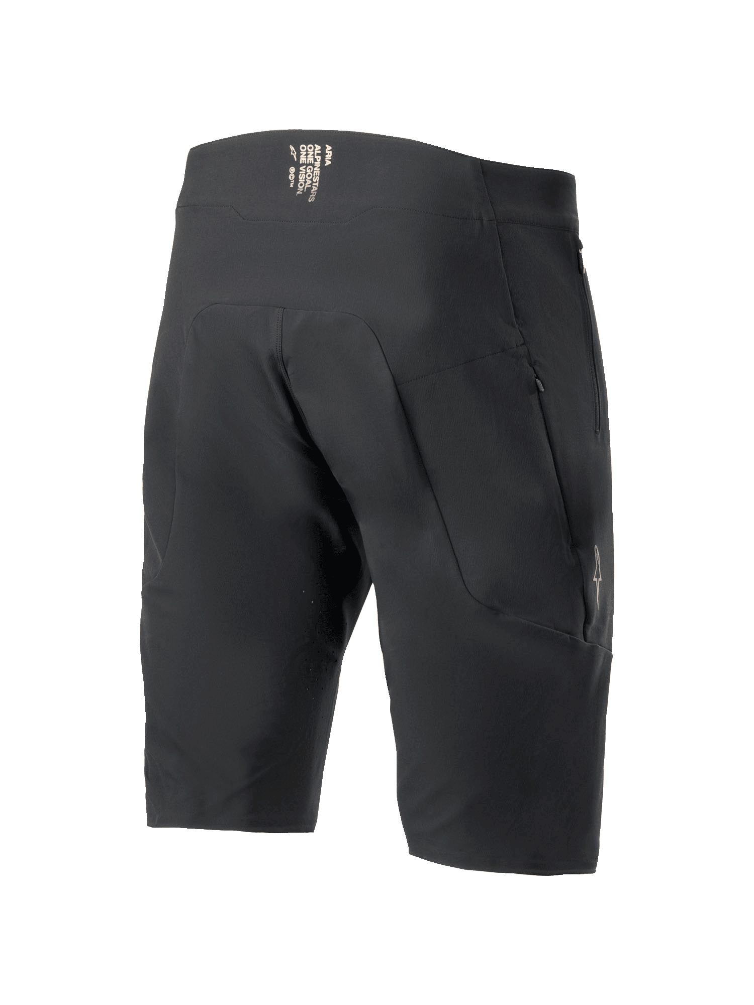 Alpinestars A-Aria Elite Shorts, shorts de ciclismo de montaña, negro, vista posterior que muestra los bolsillos con cremallera y la marca en la cintura, ajuste de rendimiento técnico para ciclismo de montaña