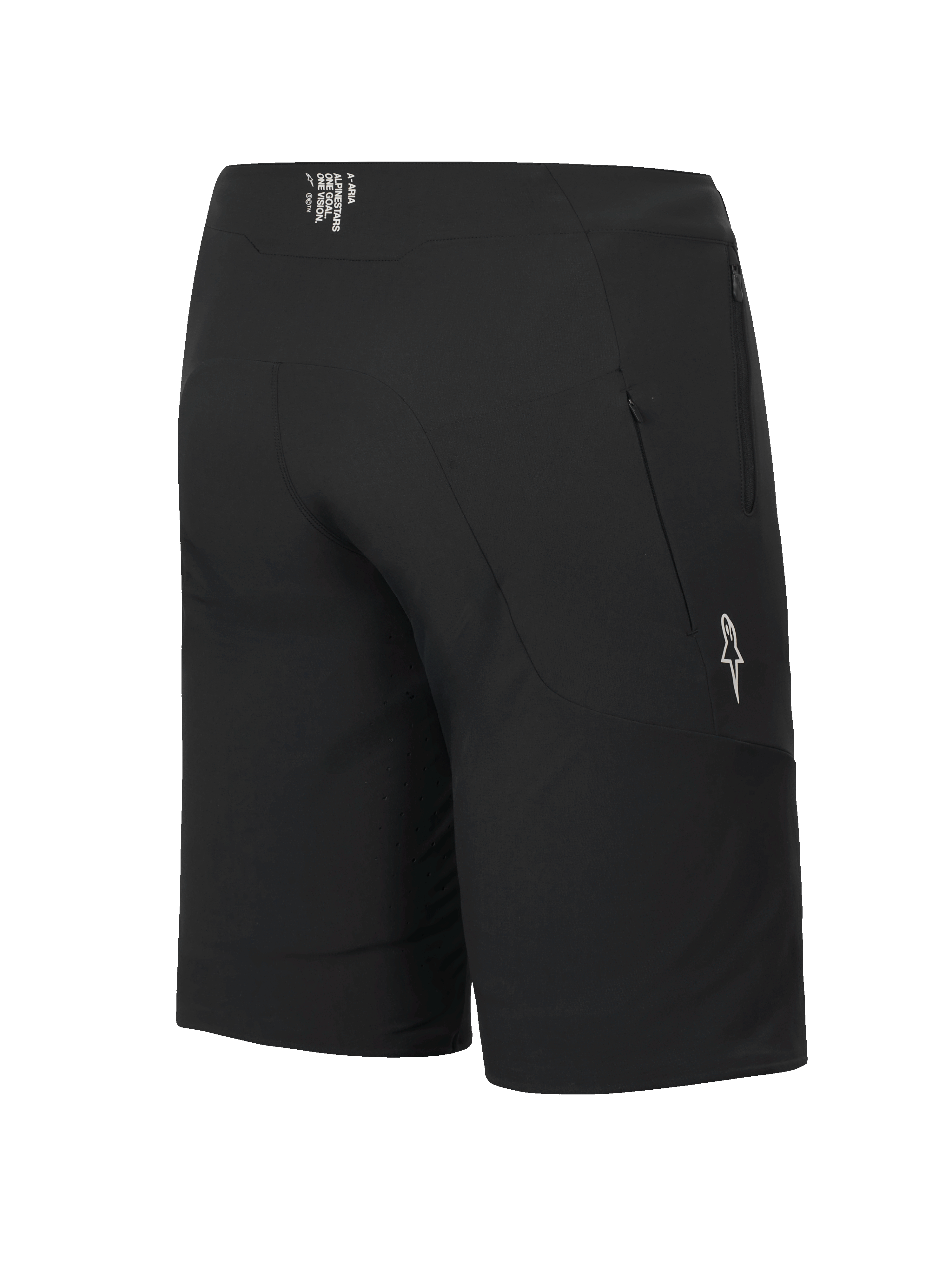 Alpinestars A-Aria Elite Shorts, shorts de MTB, Black Titanium, vista lateral trasera con bolsillo con cremallera y logotipo de estrella blanca, ajuste de rendimiento para ciclismo