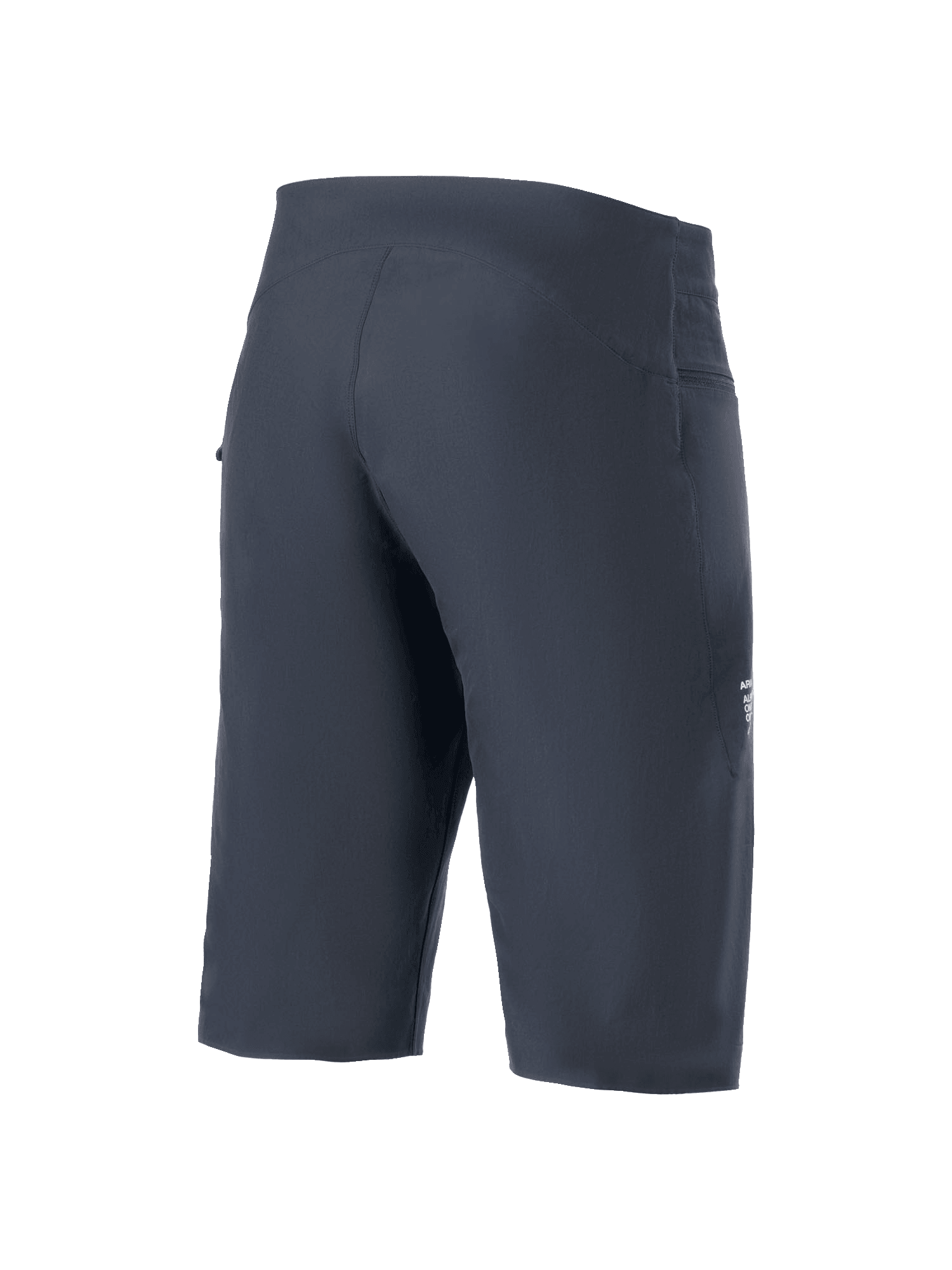 Shorts Alpinestars A-Aria, shorts para ciclismo de montaña, negros, vista trasera de tres cuartos, ajuste de rendimiento ergonómico, tejido técnico elástico en 4 direcciones, marca lateral sutil, ropa de ciclismo MTB